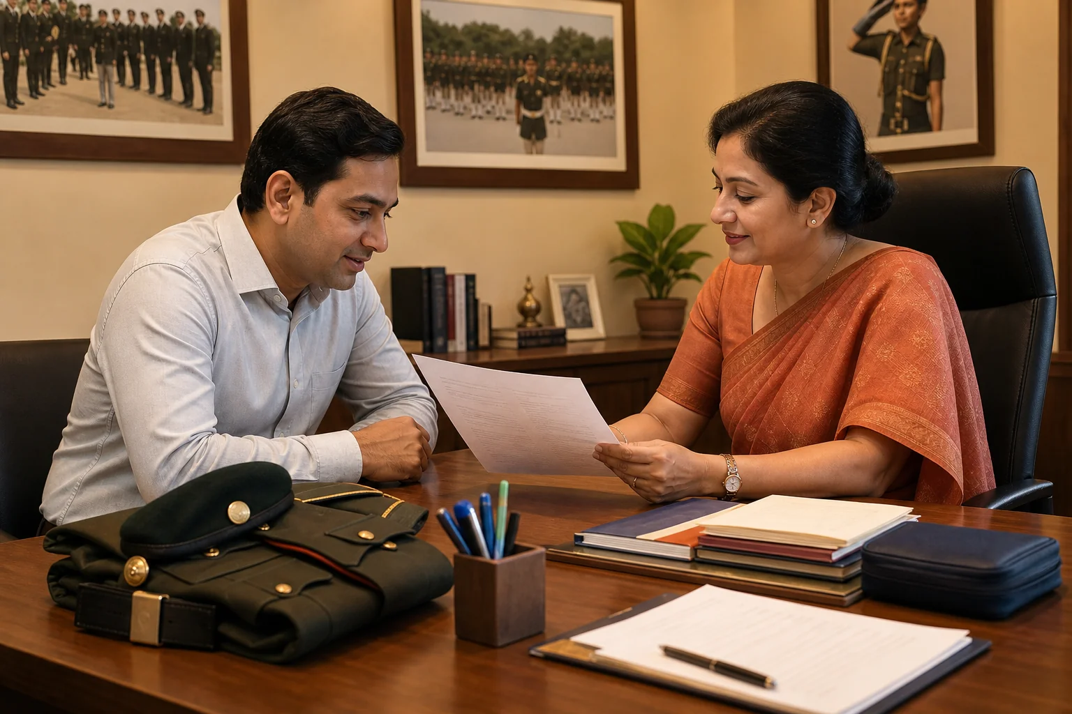 Parent reviewing a school fee structure document with an administrator, uniform kit and study materials on the desk
