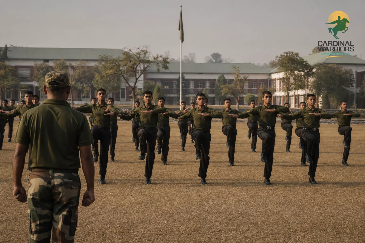 Cadets performing morning physical training on a military school campus under supervision, showing structured routine and discipline. Photorealistic photograph: a group of school-age cadets in olive training uniforms performing synchronized