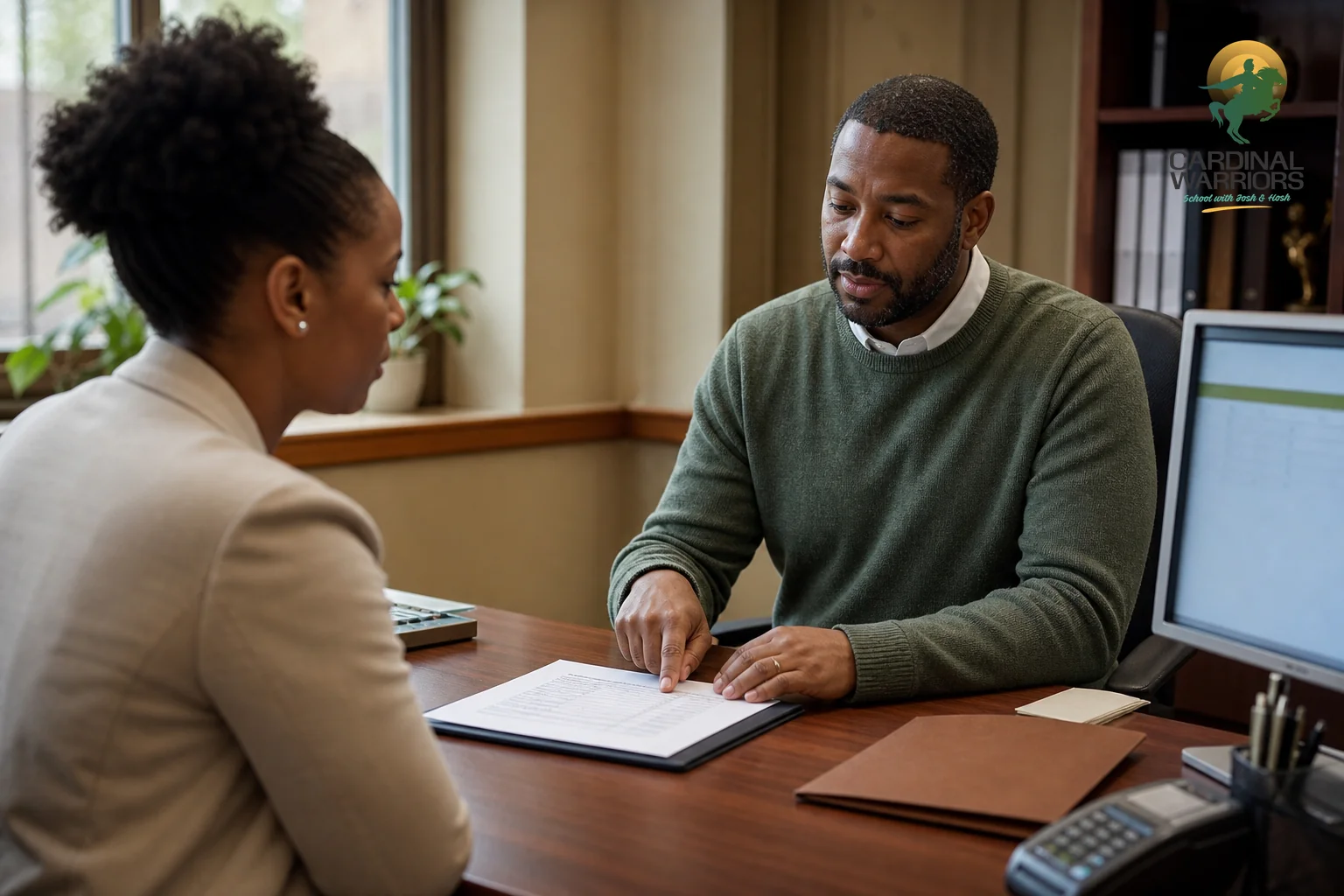 A parent reviewing a transparent, itemized fee document with a school administrator at an admissions desk. Photorealistic photograph: a parent and a school administrative staff member sitting across a wooden desk, the staff member pointing