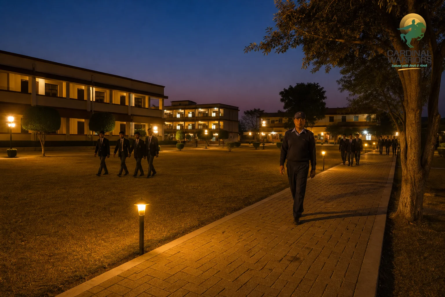 A secure, well-supervised boarding school campus at dusk with visible boundary and staff presence, symbolizing safety standards parents should verify. Photorealistic photograph: a well-lit residential school campus courtyard at early