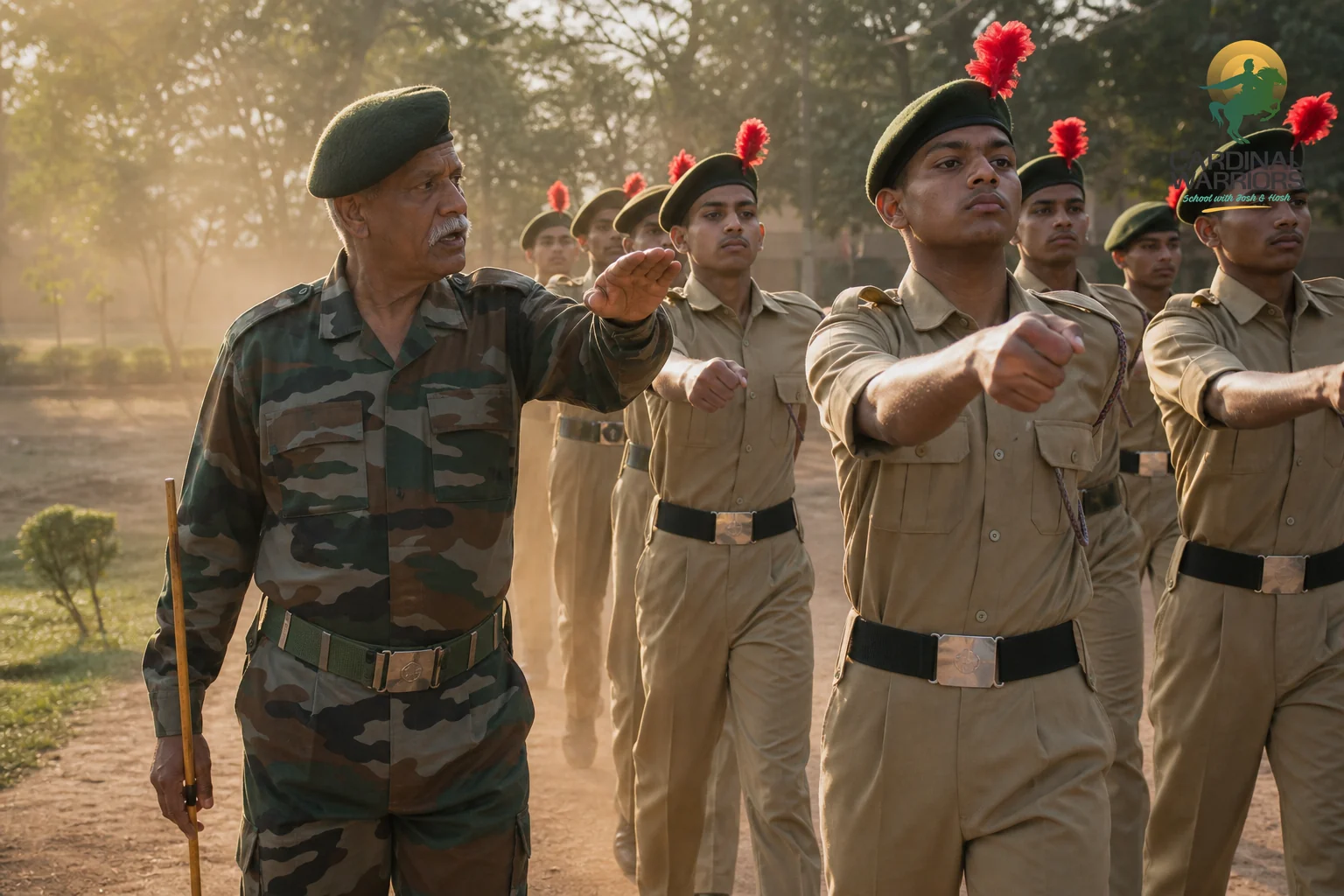 Retired military instructor guiding cadets during a training or drill session on campus. photorealistic photo of a senior Indian military-veteran instructor in uniform guiding a line of young cadets during an outdoor drill on a green school
