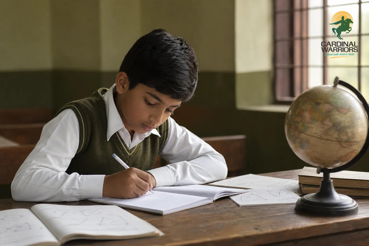 photorealistic photo of a young Indian boy in a school uniform writing in a notebook at a wooden desk, mathematics diagrams and a globe nearby, soft morning light through a window, warm brown and olive color palette, focused studious mood