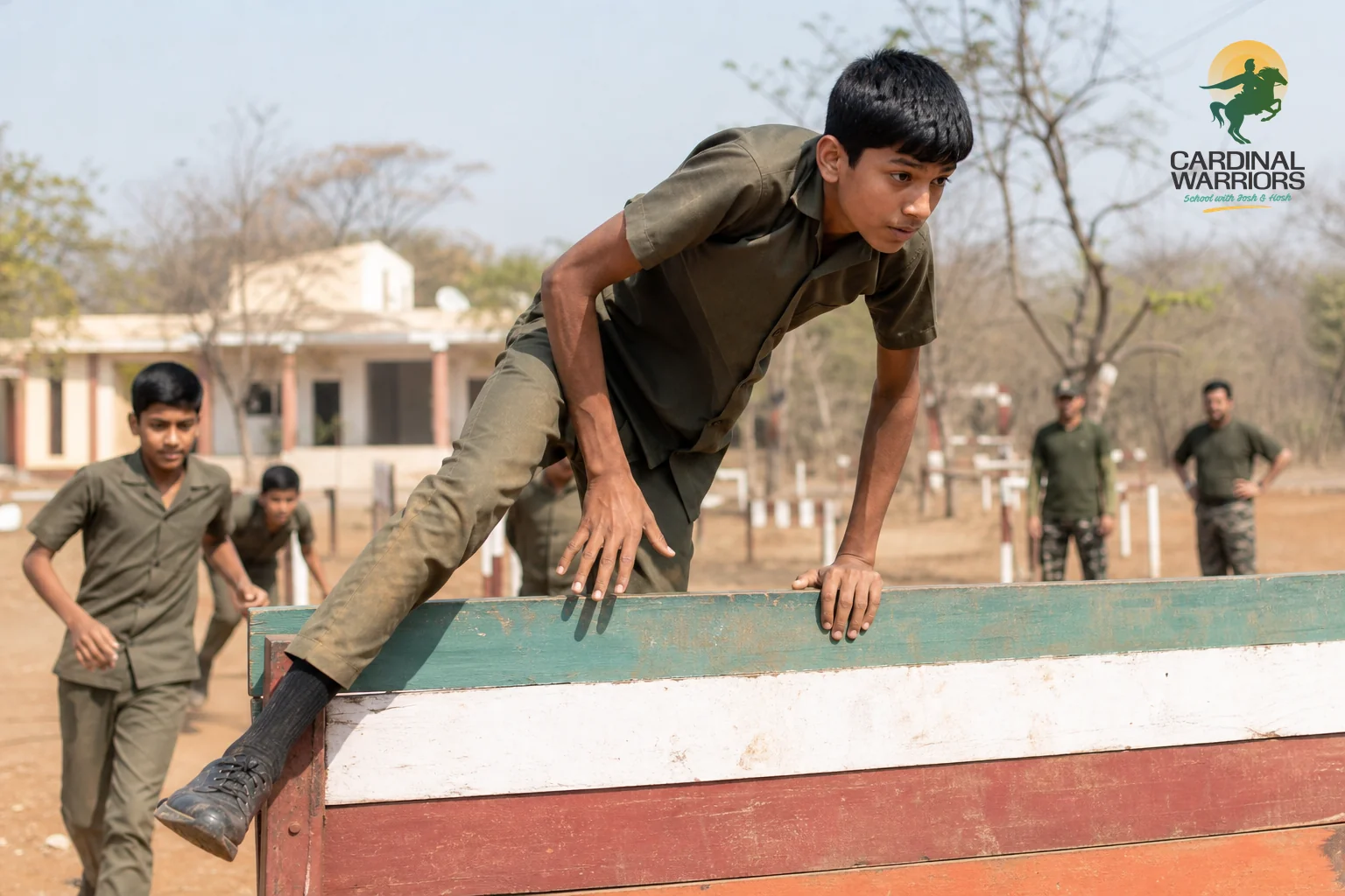 Teenage students engaged in tactical/obstacle course training in daylight, active and focused, no devices. photorealistic: Teenage students in olive military-style uniforms navigating an outdoor obstacle course on a boarding school campus