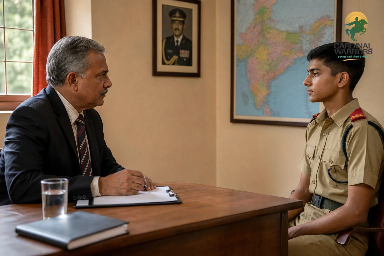 A mock personal interview or GTO panel session inside a military school setting, showing structured coaching integrated into daily school activity. Photorealistic photo of a mock personal interview setting inside an Indian military-style