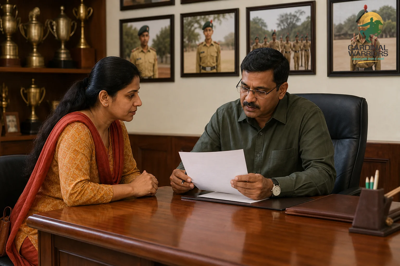 Photorealistic photo of an Indian parent sitting across a wooden desk from a school administrator inside a school office, both looking at a printed document together, trophies and framed cadet photographs visible on the wall behind them