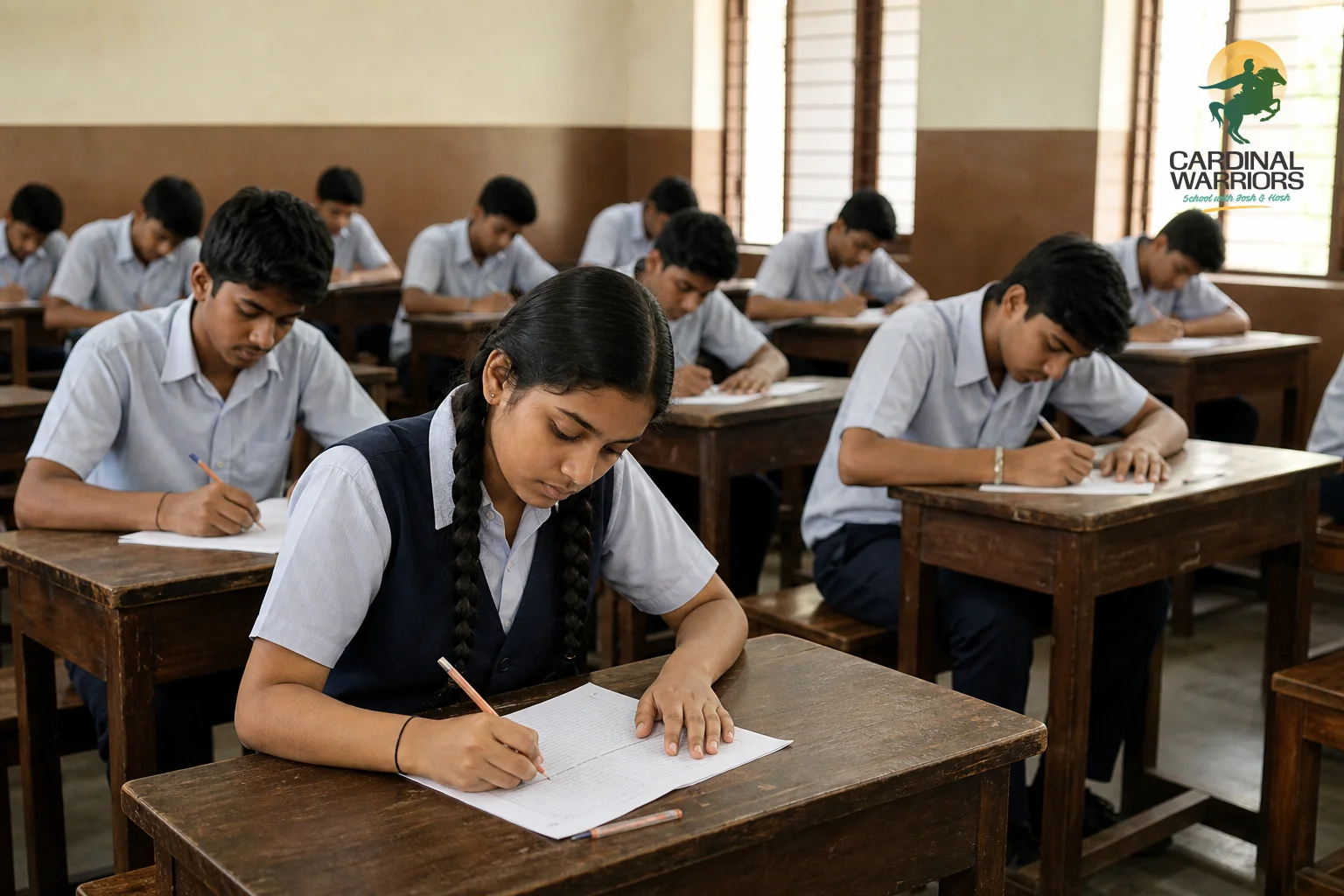 A classroom of students intently writing a competitive entrance exam. photorealistic photo of a classroom of Indian students in school uniform seated at wooden desks, heads down, intently writing an exam paper with pencils, exam hall