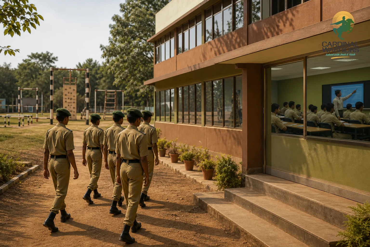 A boarding school campus in Chhattisgarh showing an alternate path for defence aspirants. photorealistic photo of a residential military-style school campus in Chhattisgarh with cadets in uniform walking past a smart classroom building