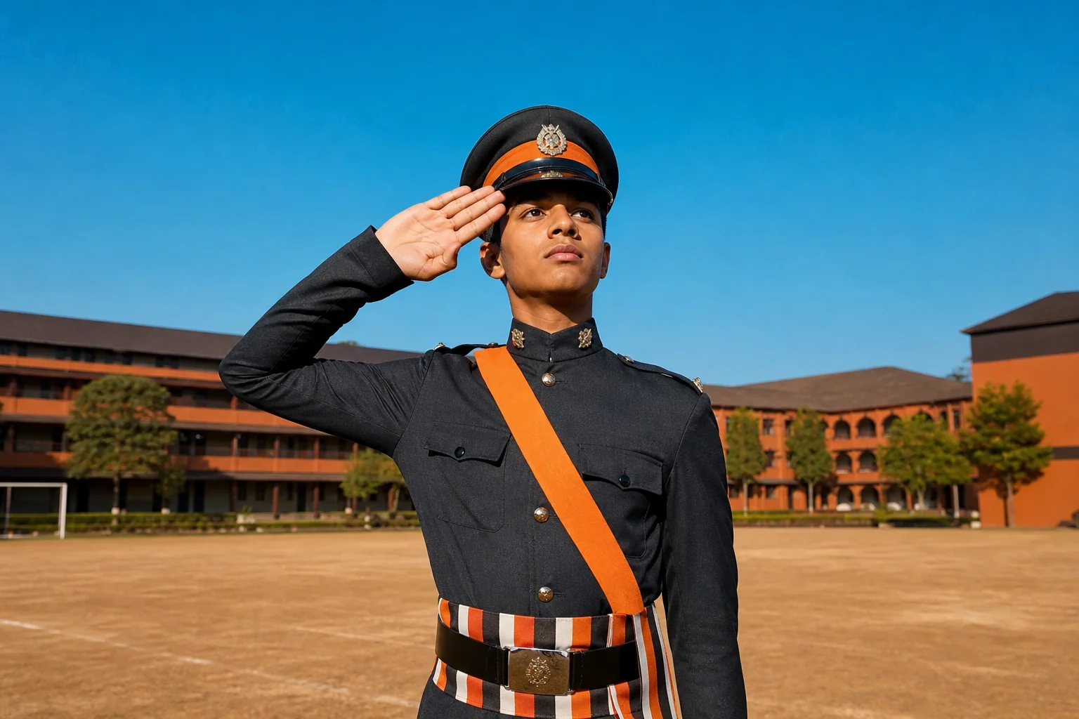 A confident student in military school uniform saluting or standing tall on campus, symbolizing character and leadership growth. photorealistic photo, a confident Indian teenage boy in a crisp military-style school uniform with cap standing