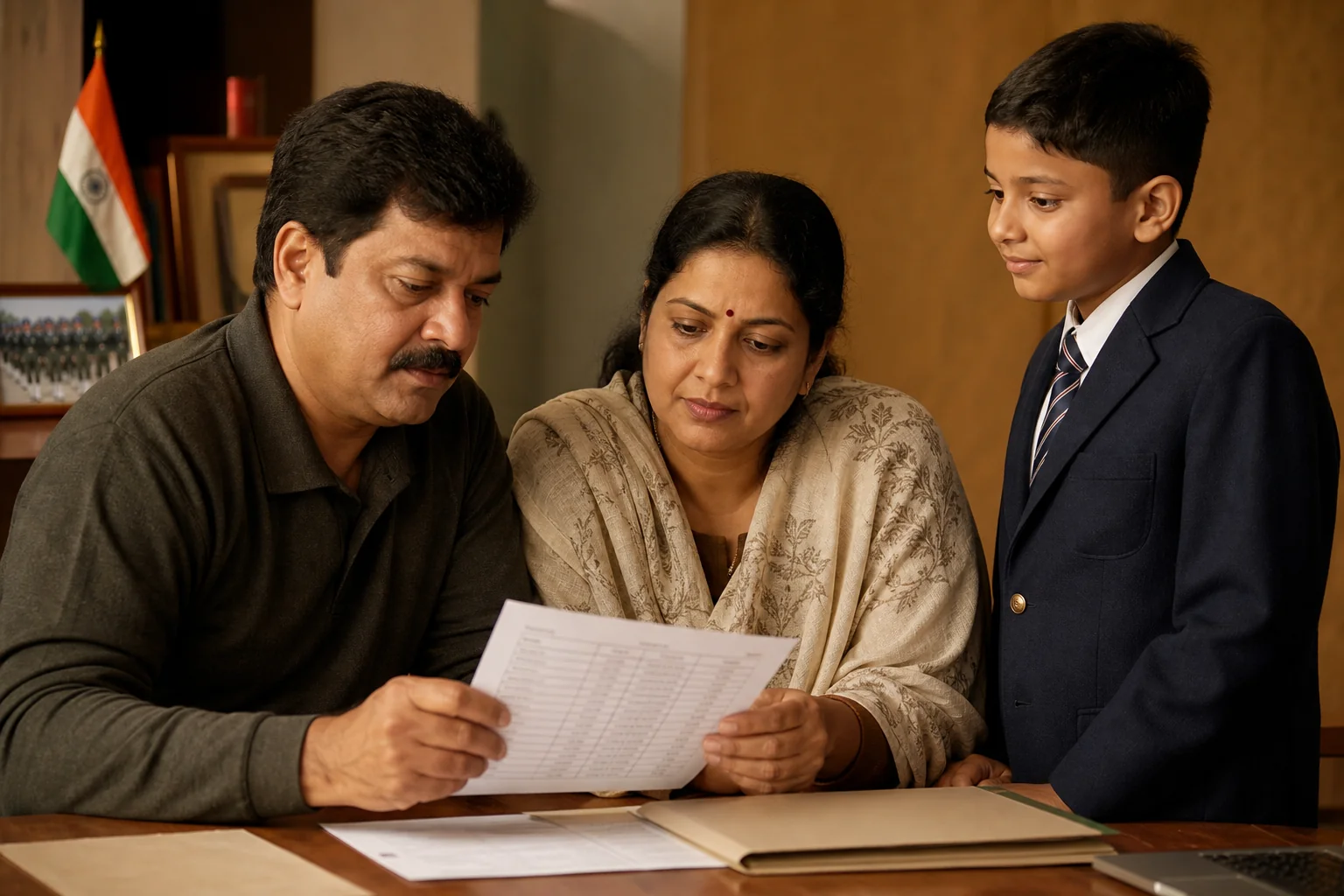 photorealistic photo, an Indian father and mother sitting at a wooden table reviewing a printed fee breakdown document together, their young son in a neat school blazer and tie standing beside them looking hopeful, warm indoor lighting with