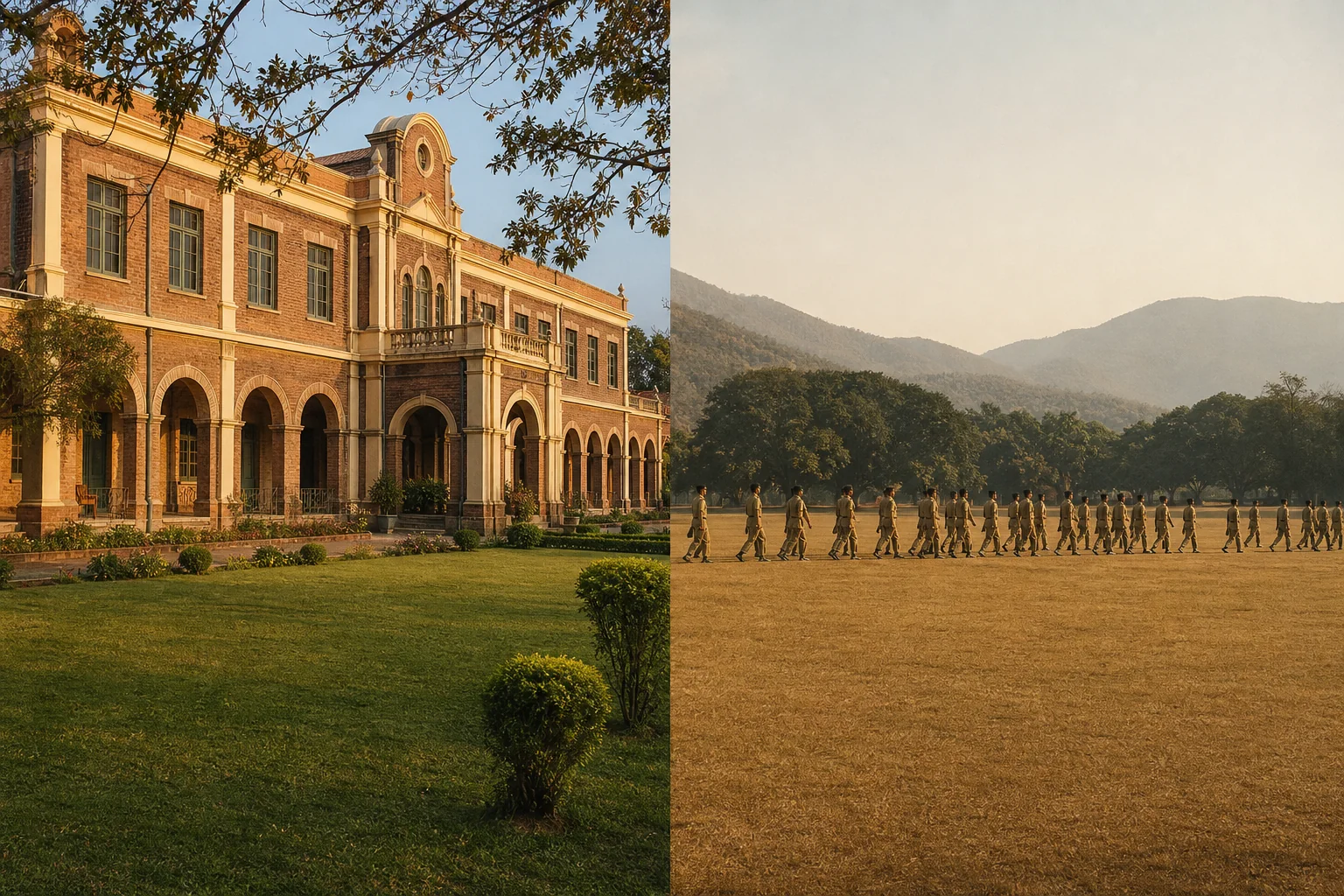 Split visual contrast between a traditional heritage boarding school building and a modern military training ground. photorealistic photo, wide architectural shot of a heritage-style Indian boarding school building with colonial-era brick