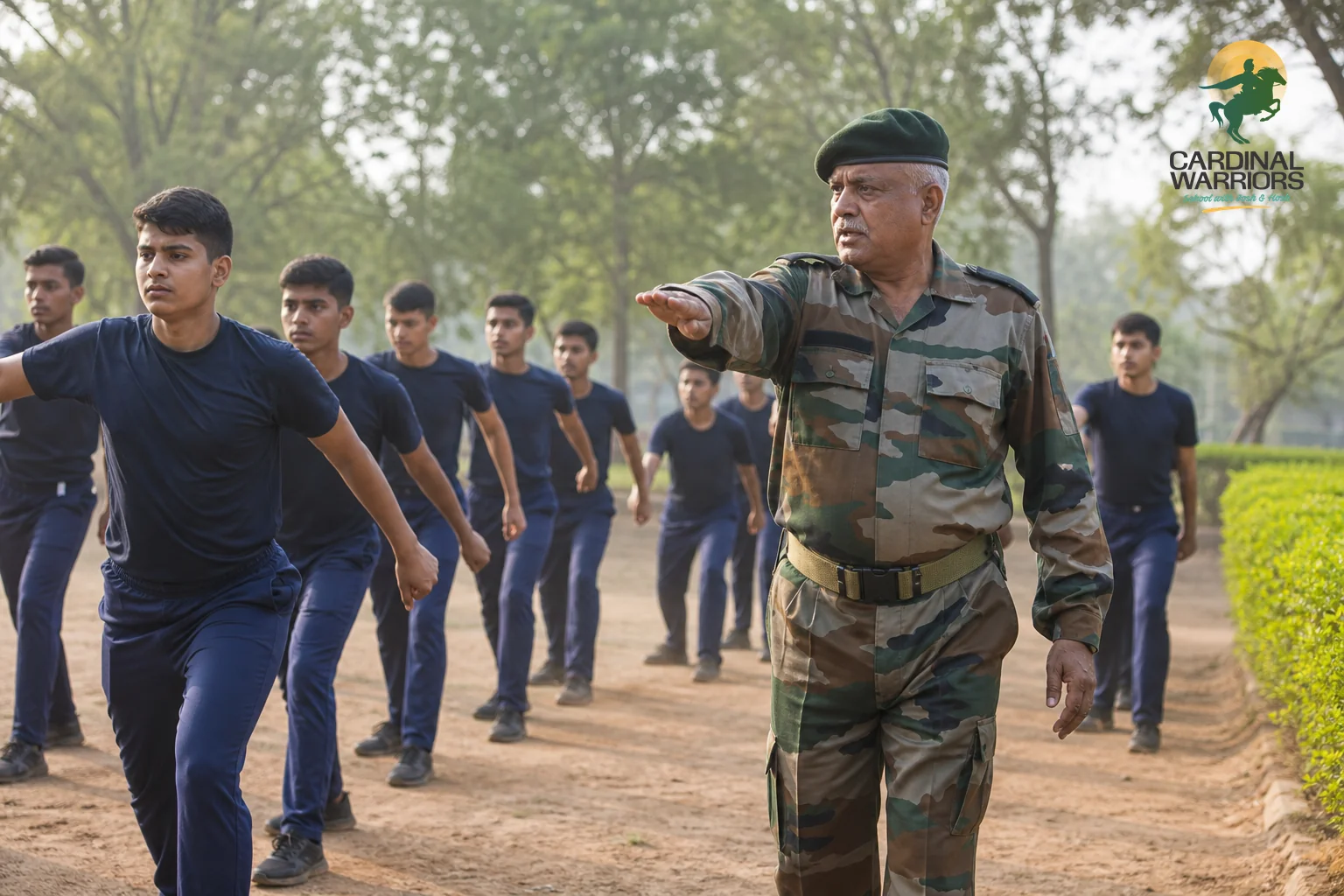 Retired military instructor guiding students in tactical or physical training on campus. photorealistic photo of a senior retired military instructor in uniform guiding a group of school cadets during an outdoor physical training drill on a