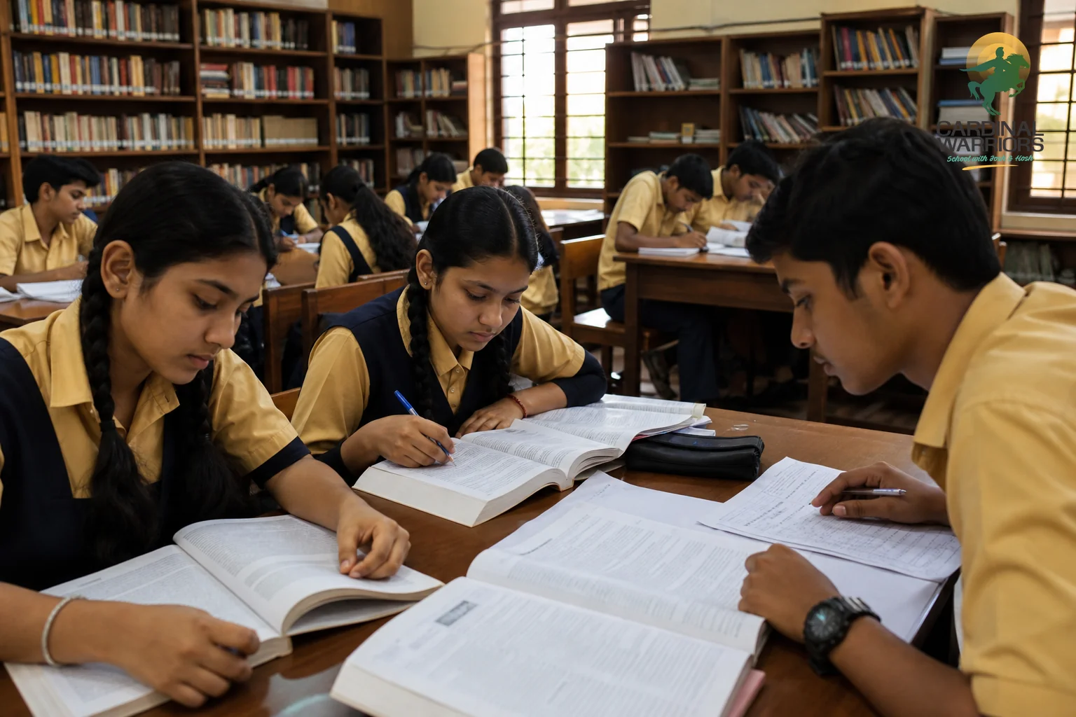 Students studying with NCERT textbooks preparing for competitive exams. photorealistic photo of teenage Indian students in a school library studying NCERT textbooks and solving practice papers at a wooden table, shelves of books in the