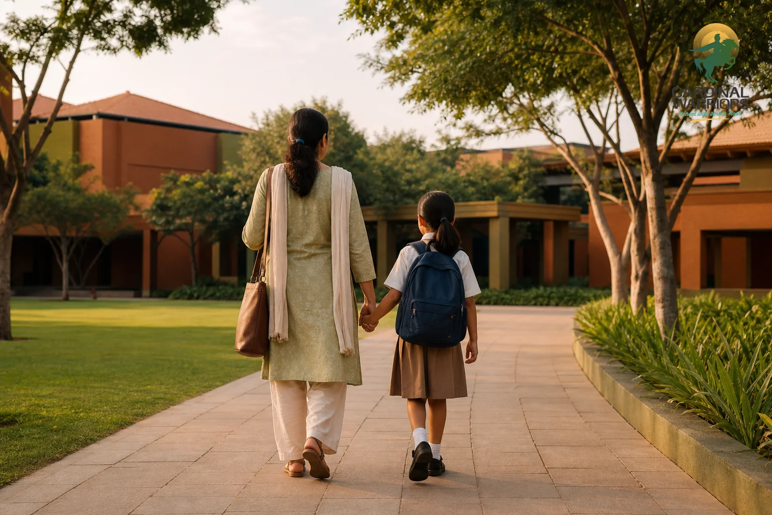 A parent and child walking together across a calm, green boarding school campus, symbolizing confident decision-making. Photorealistic photo of a parent walking hand in hand with their child across a peaceful, well-kept school campus