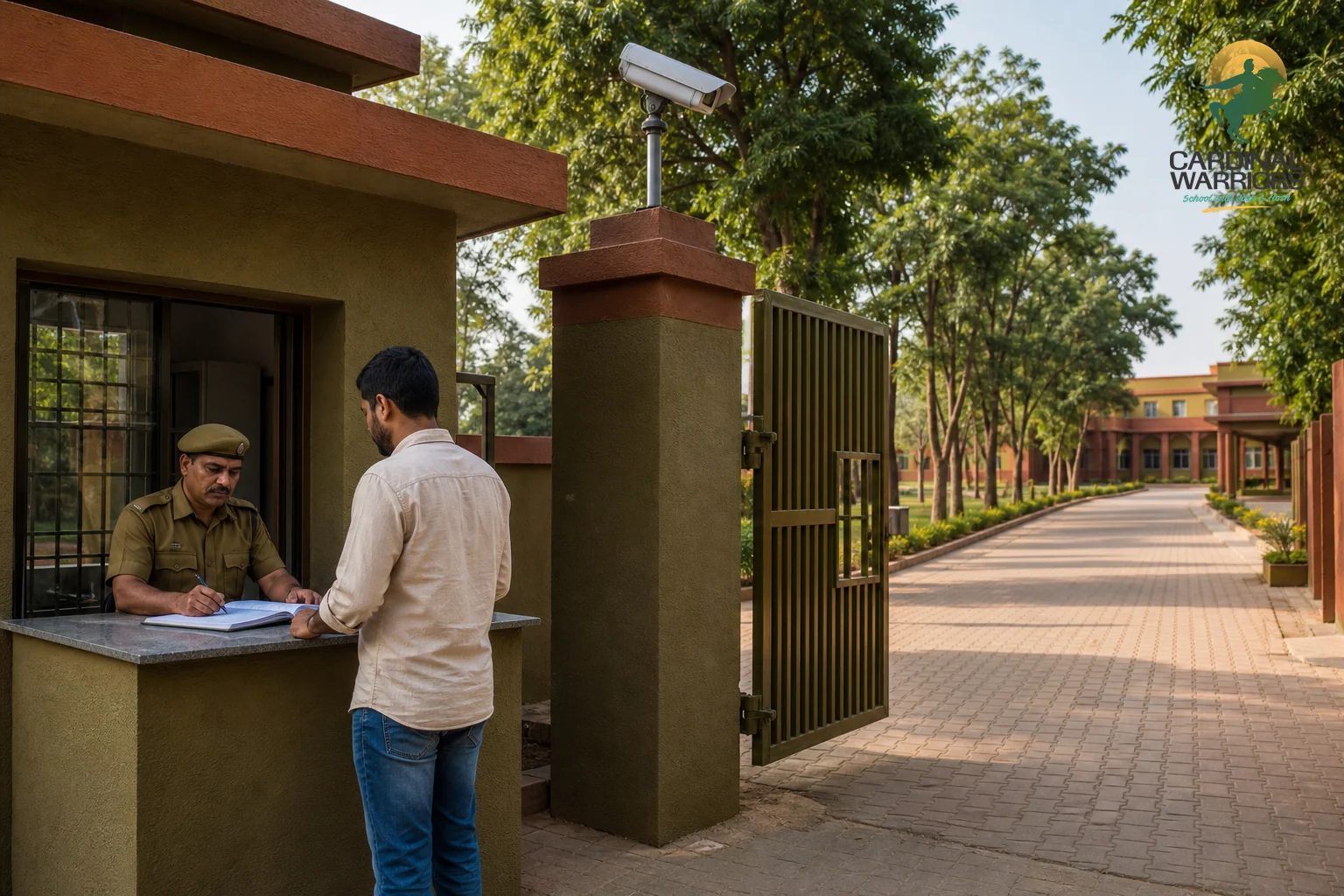 A secure, well-maintained boarding school campus entrance showing gated security and orderly infrastructure. Photorealistic photo of a secure residential school campus entrance in India, tall boundary wall with a manned gate, a security