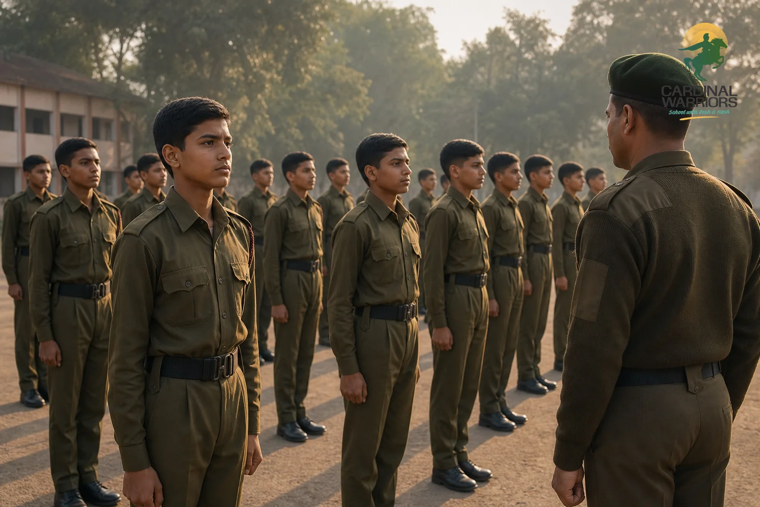 Cadets in uniform participating in a supervised, orderly outdoor drill or formation under staff supervision. Photorealistic photo of young cadets in olive-brown military-style school uniforms standing in a disciplined, orderly formation on