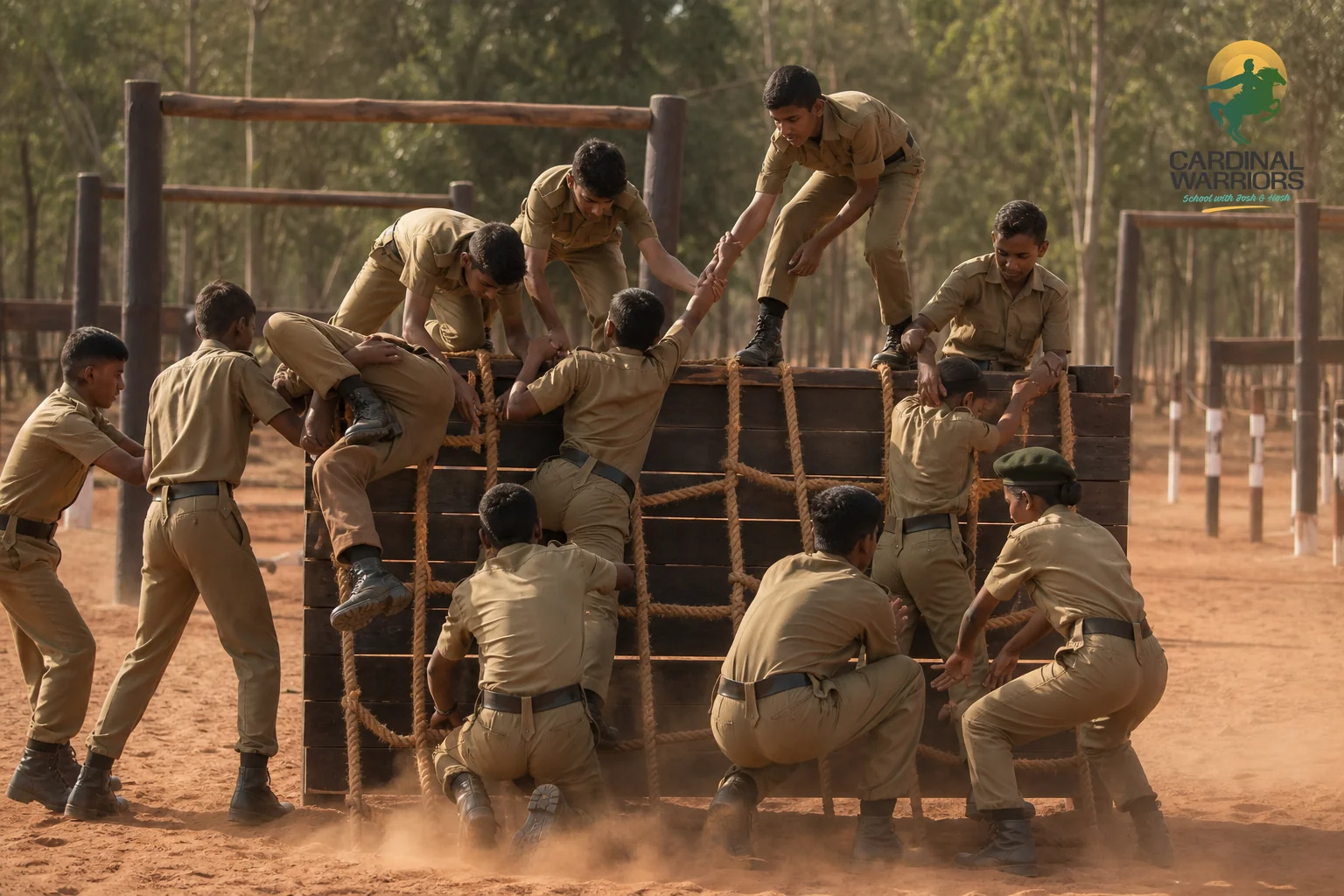 Cadets working together to cross an outdoor obstacle course as a team task. photorealistic photograph of a group of teenage cadets in uniform working together to cross a wooden and rope obstacle on an outdoor training ground in
