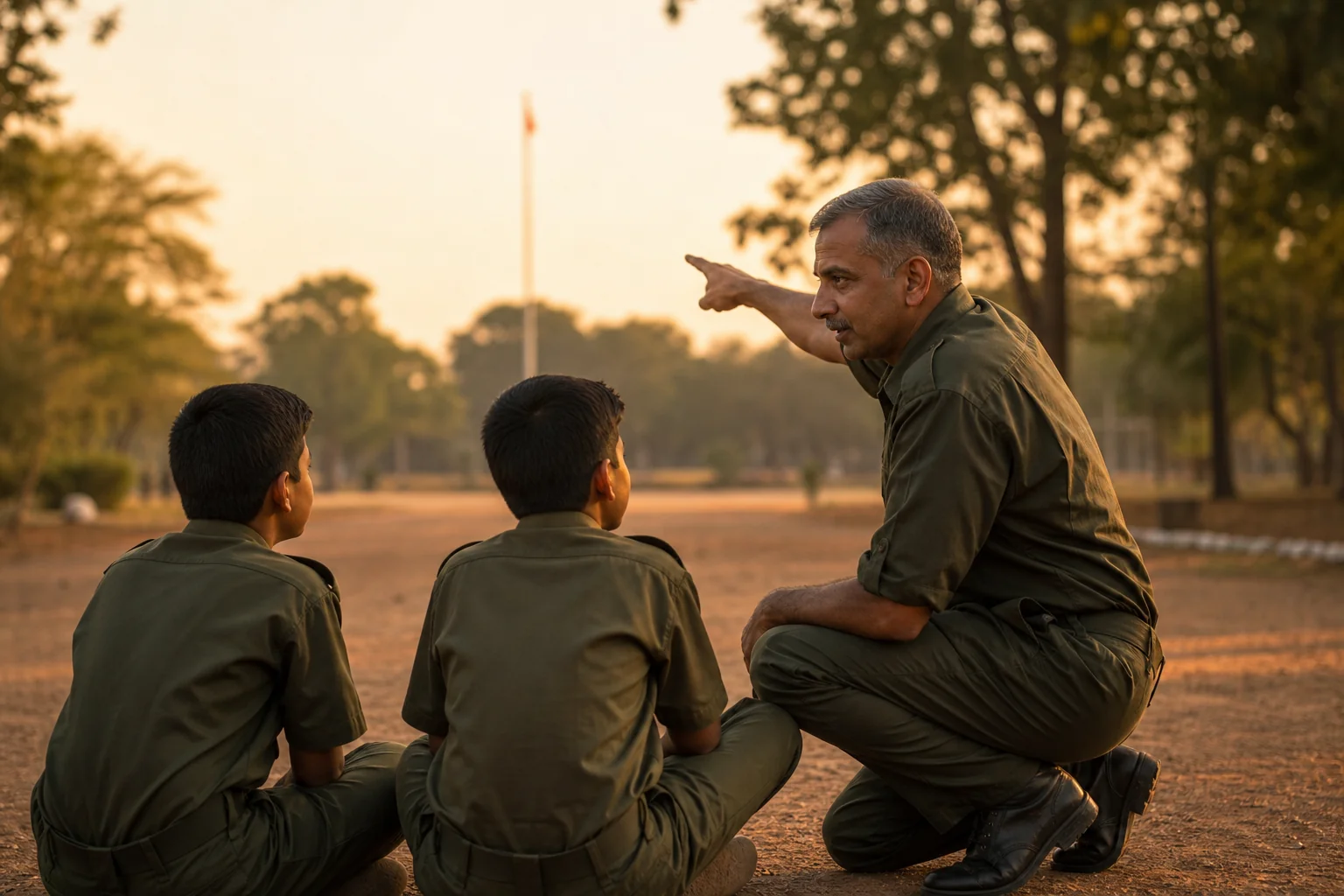 photorealistic photo of a senior Indian army-veteran-style mentor in his 50s wearing a simple olive uniform without visible insignia, kneeling to eye level with two young cadets aged around 12 on a school campus pathway in Raipur