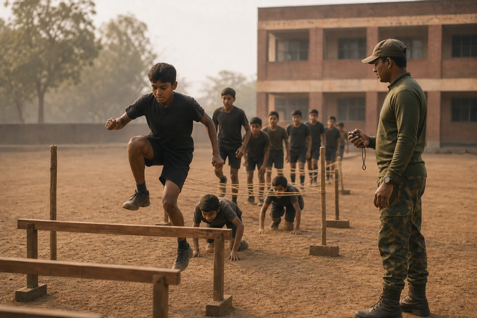 photorealistic photo of Indian school-age boys around 12 years old running an obstacle course drill on a dusty brown-toned school ground in Chhattisgarh, ropes and low wooden hurdles visible, an instructor in olive fatigues timing them with