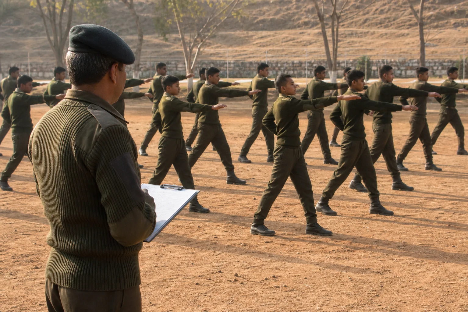 Students undergoing physical training or drill practice under supervision of an instructor. Photorealistic photograph of a group of teenage students in physical training uniforms performing synchronized drill exercises on an outdoor