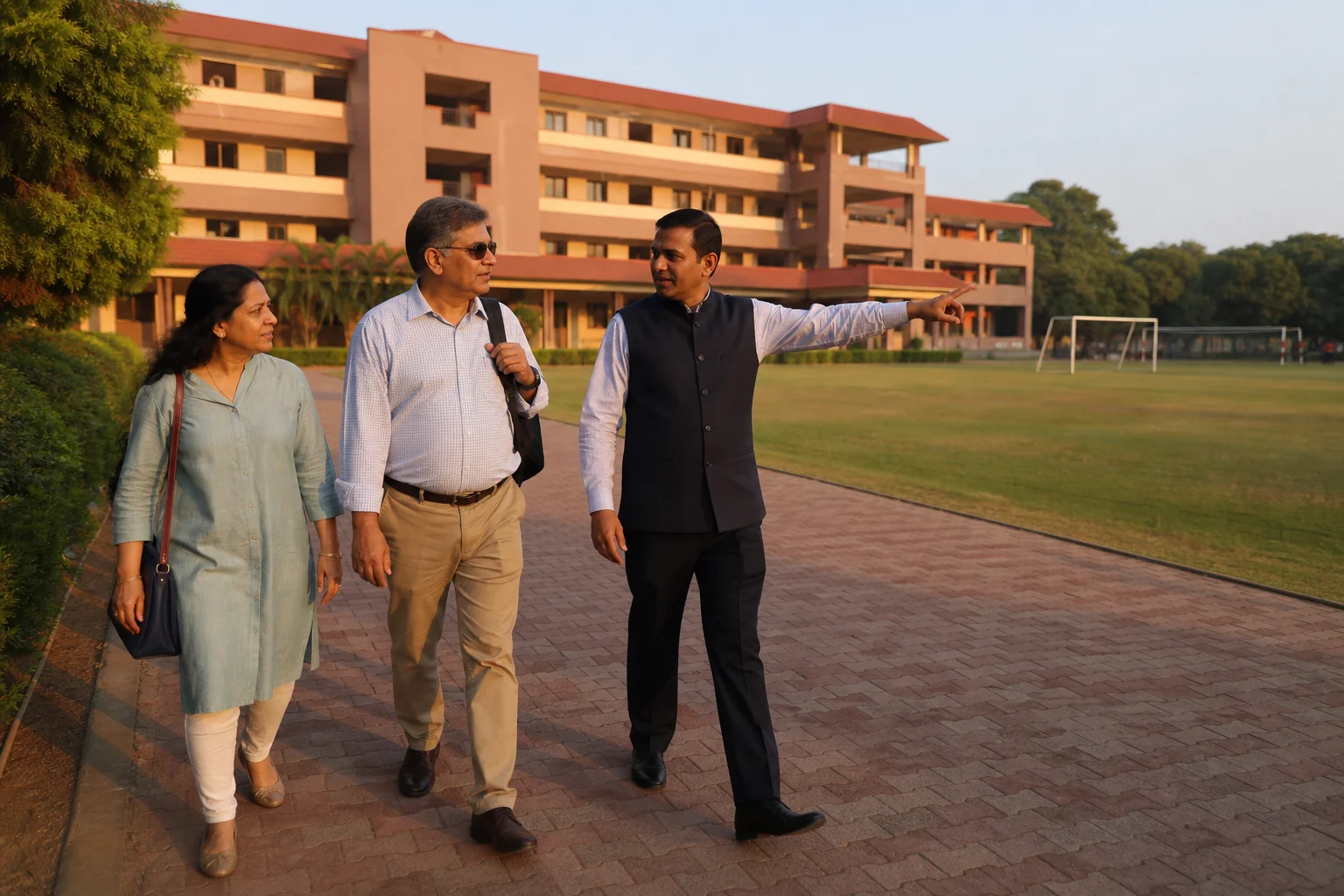 Parents touring a boarding school campus with a staff member, observing facilities before enrollment. Photorealistic photograph of parents walking alongside a school staff member across a clean boarding school campus, pointing toward a