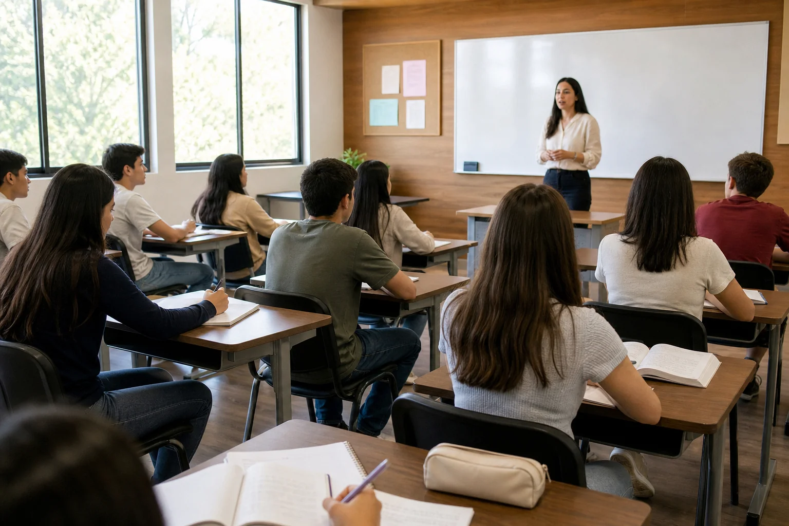 Photorealistic photograph of students in a well-lit classroom focused on studies with notebooks and a teacher at the front, warm wood-tone interior with brown and cream accents, natural daylight streaming through windows, a bulletin board