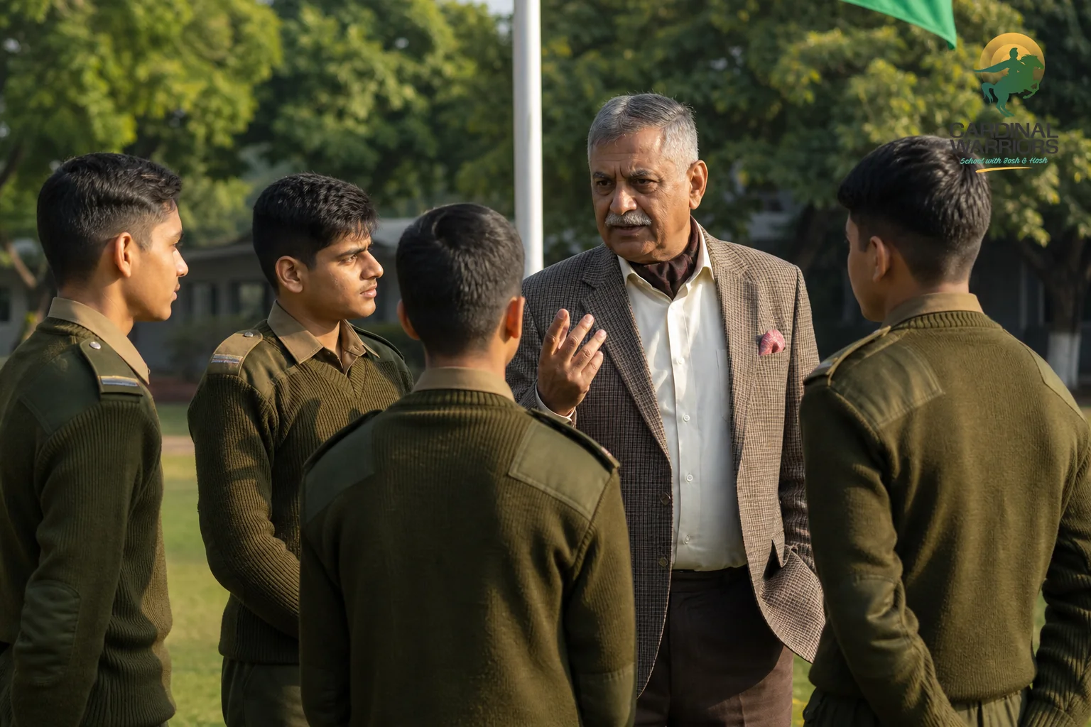 photorealistic photo of a senior retired Indian army instructor in civilian formal attire speaking to a small group of attentive teenage cadets in olive uniforms on a green school campus lawn near a flagpole, warm afternoon sunlight, brand