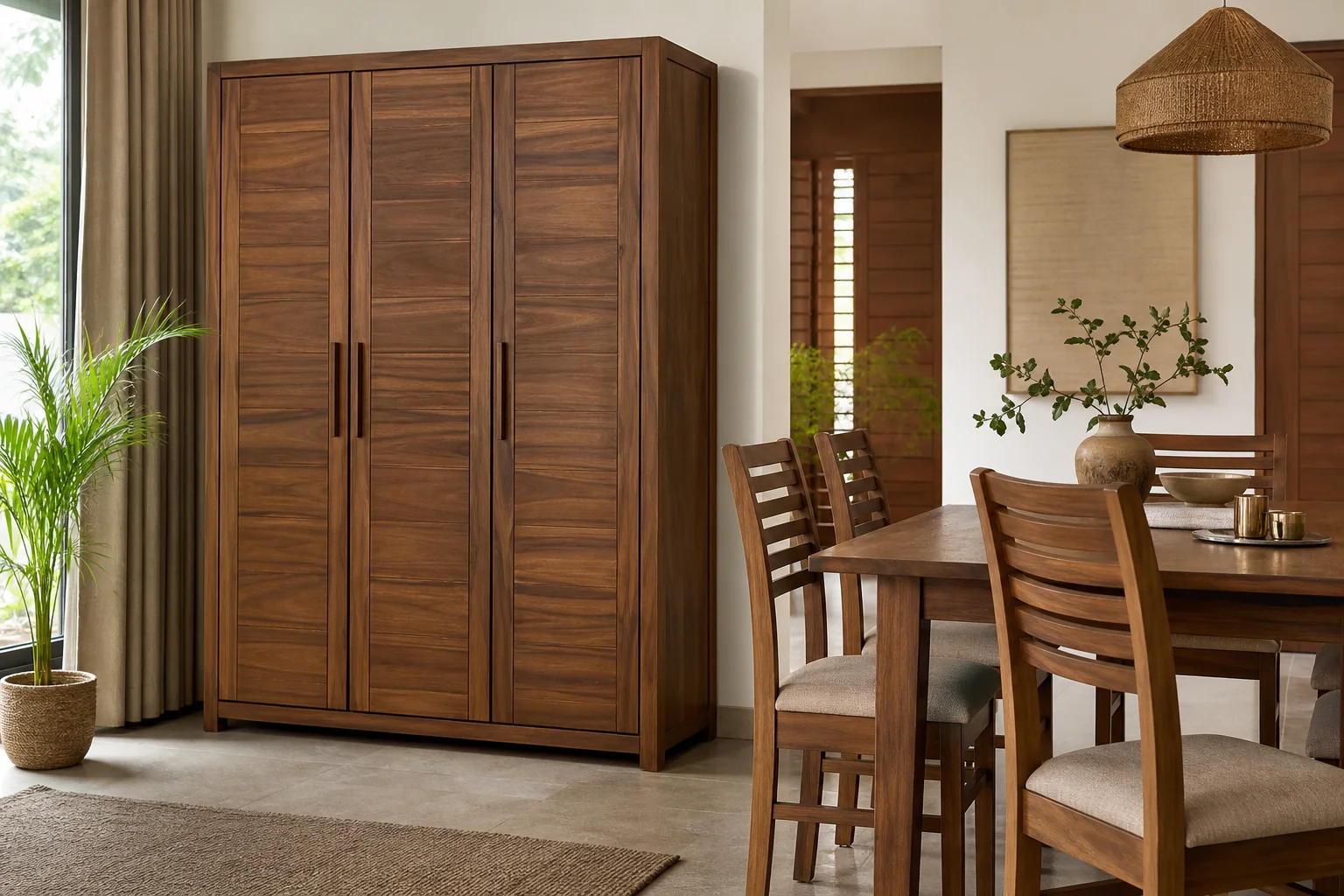 How to Check Real Teak Wood Before Buying Furniture 4 Well-lit solid teak furniture piece photographed in detail for online shopping, representing transparent product photography. Photorealistic photograph of a finished solid teak wood wardrobe and dining chair set in a bright, minimal Indian