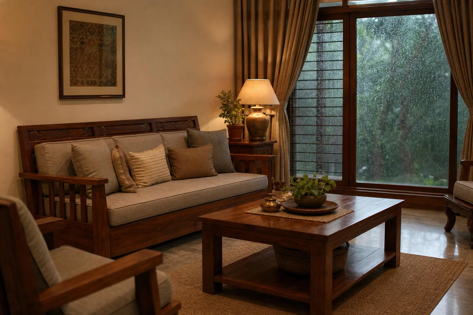 Is Teak Wood Furniture Really Termite Proof? 2 Solid teak furniture in a warm-toned living room representing a Central Indian home during monsoon season. photorealistic interior photo of a cozy Indian living room with solid teak wood sofa and coffee table, rain visible through a window