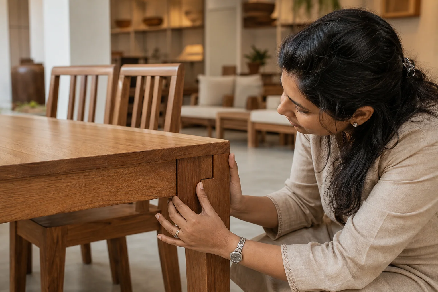 Is Teak Wood Furniture Really Termite Proof? 3 Person inspecting a solid teak dining table joint in a bright showroom. photorealistic photo of a woman's hands closely inspecting the joinery of a solid teak wood dining table in a bright, minimalist Indian furniture showroom, warm brown