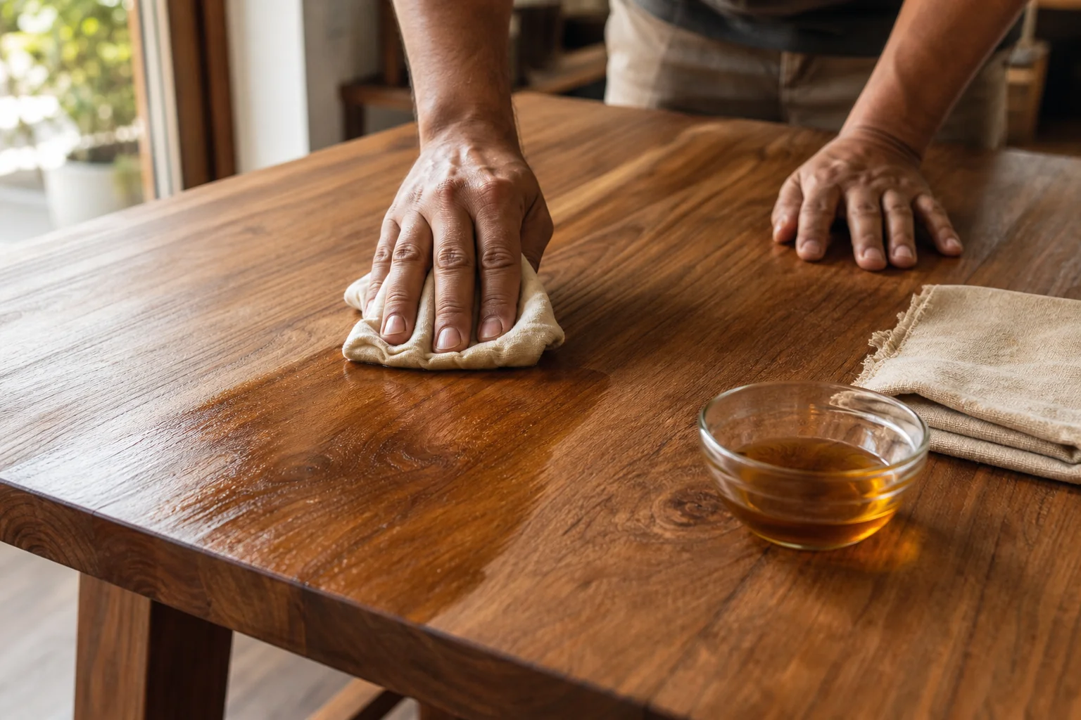 How to Maintain Teak Wood Furniture at Home? 2 Close-up of hands applying teak oil to a wooden surface with polishing cloth and small bowl of oil nearby. photorealistic close-up shot of hands applying natural teak oil onto a solid teak wood tabletop using a soft cloth, small glass bowl