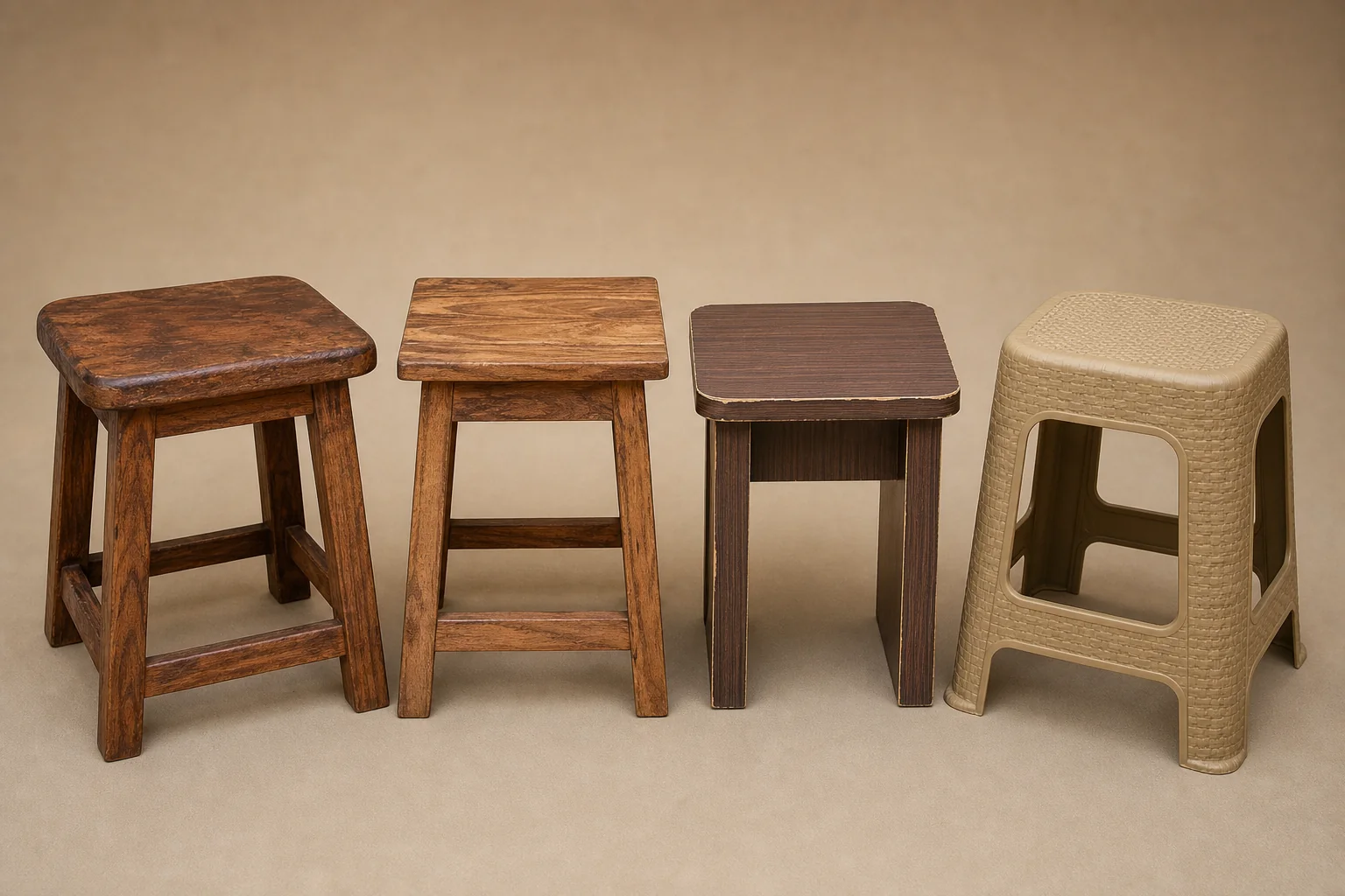 How Long Does Teak Wood Furniture Actually Last? 3 Side-by-side visual contrast of different furniture materials aging differently over time. photorealistic side-by-side comparison photograph of four small wooden furniture stools made from different materials, one rich solid teak stool with