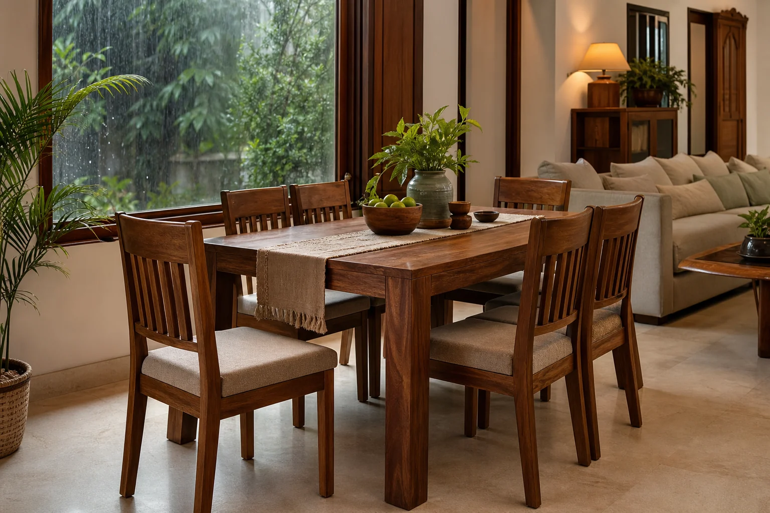 How Long Does Teak Wood Furniture Actually Last? 2 Solid teak furniture in a home setting reflecting resilience through seasonal humidity changes. photorealistic wide shot of a solid teak wood dining set inside a bright Indian home living space, large window showing monsoon rain outside