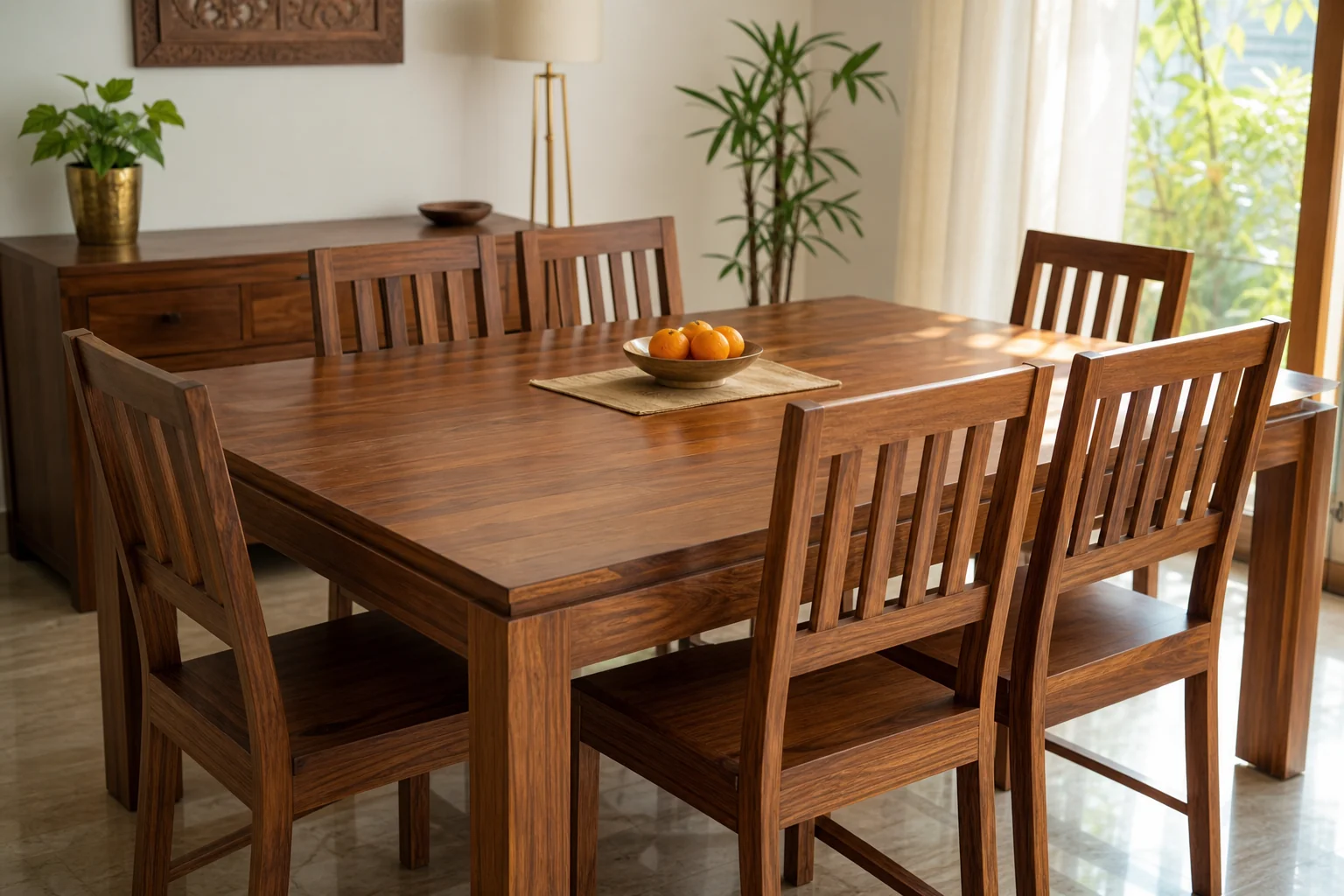How to Fix Squeaky Wooden Furniture Joints at Home 3 A well-maintained teak wood dining set in a bright Indian home living space. photorealistic photograph of a beautifully maintained solid teak wood dining table and chairs in a bright modern Indian home, warm brown wood tones matching