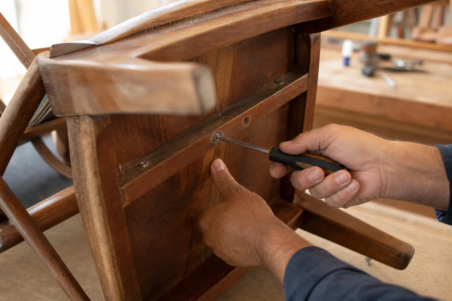 How to Fix Squeaky Wooden Furniture Joints at Home 2 Hands tightening a screw on a wooden chair frame using a screwdriver. photorealistic photograph of a person's hands using a screwdriver to tighten a screw on the underside of a solid wooden dining chair, workshop table in soft focus