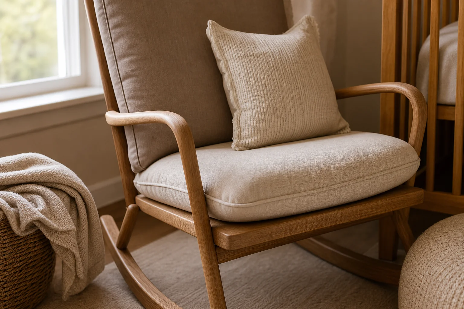 What Affects Teak Wood Rocking Chair Prices in 2026? 2 Close-up of cushion and fabric texture on a teak rocking chair in a nursery setting. photorealistic, close-up shot of a soft cushioned teak wood rocking chair seat in a nursery corner, neutral beige and warm brown upholstery fabric, soft