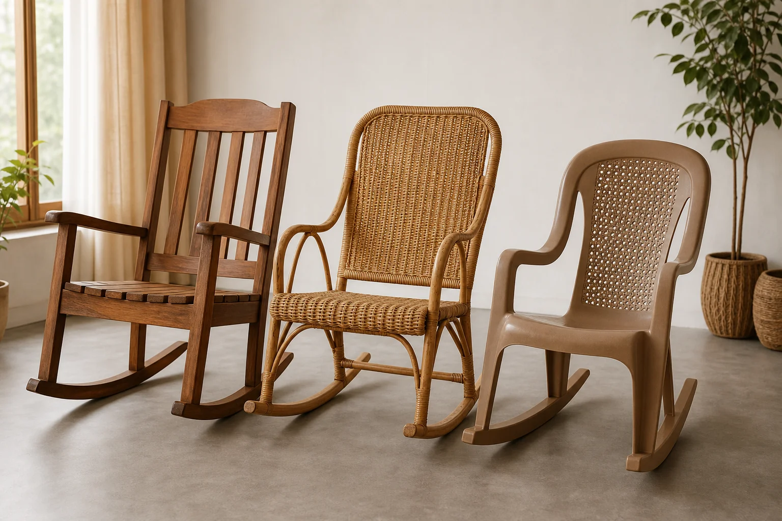 What Affects Teak Wood Rocking Chair Prices in 2026? 3 Side-by-side of a solid teak rocking chair next to a rattan and a plastic rocking chair for material comparison. photorealistic, three rocking chairs arranged side by side in a bright studio-style room, one solid teak wood rocking chair