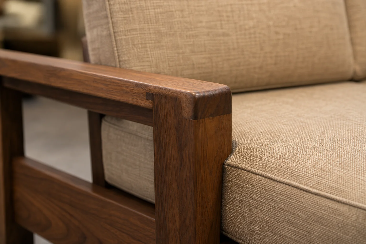 How to Choose a Wooden Sofa for Small Living Rooms 3 Side-by-side comparison feel showing solid teak wood texture and upholstered cushion fabric on a sofa. photorealistic: A detailed close-up photograph contrasting two textures on a wooden sofa: on one side, the smooth grain and joinery of