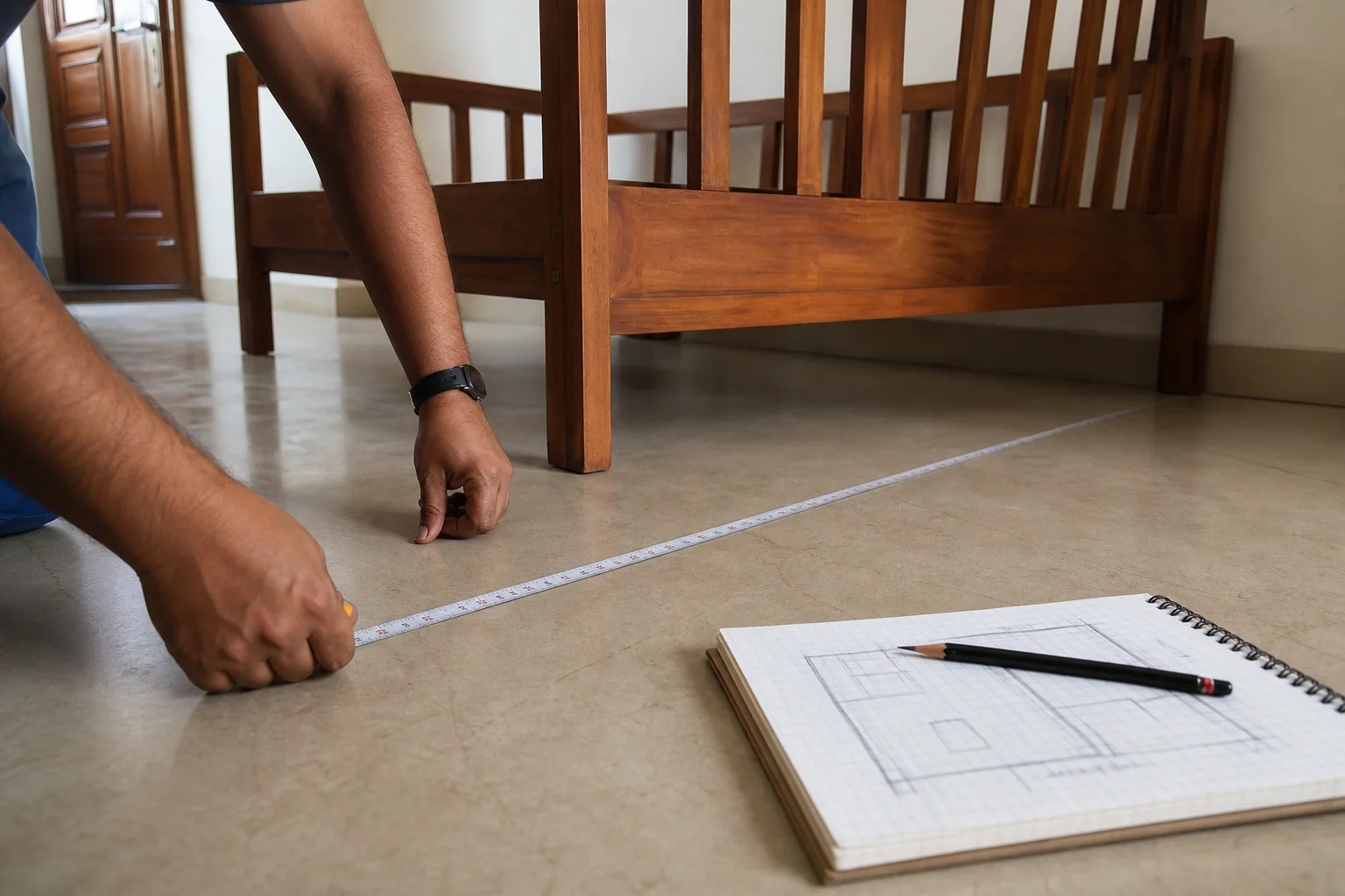 How to Choose a Wooden Sofa for Small Living Rooms 2 A person measuring living room floor space with a tape measure before placing a wooden sofa. photorealistic: Close-up shot of a person's hands using a fabric tape measure across a living room floor in a small Indian apartment, planning