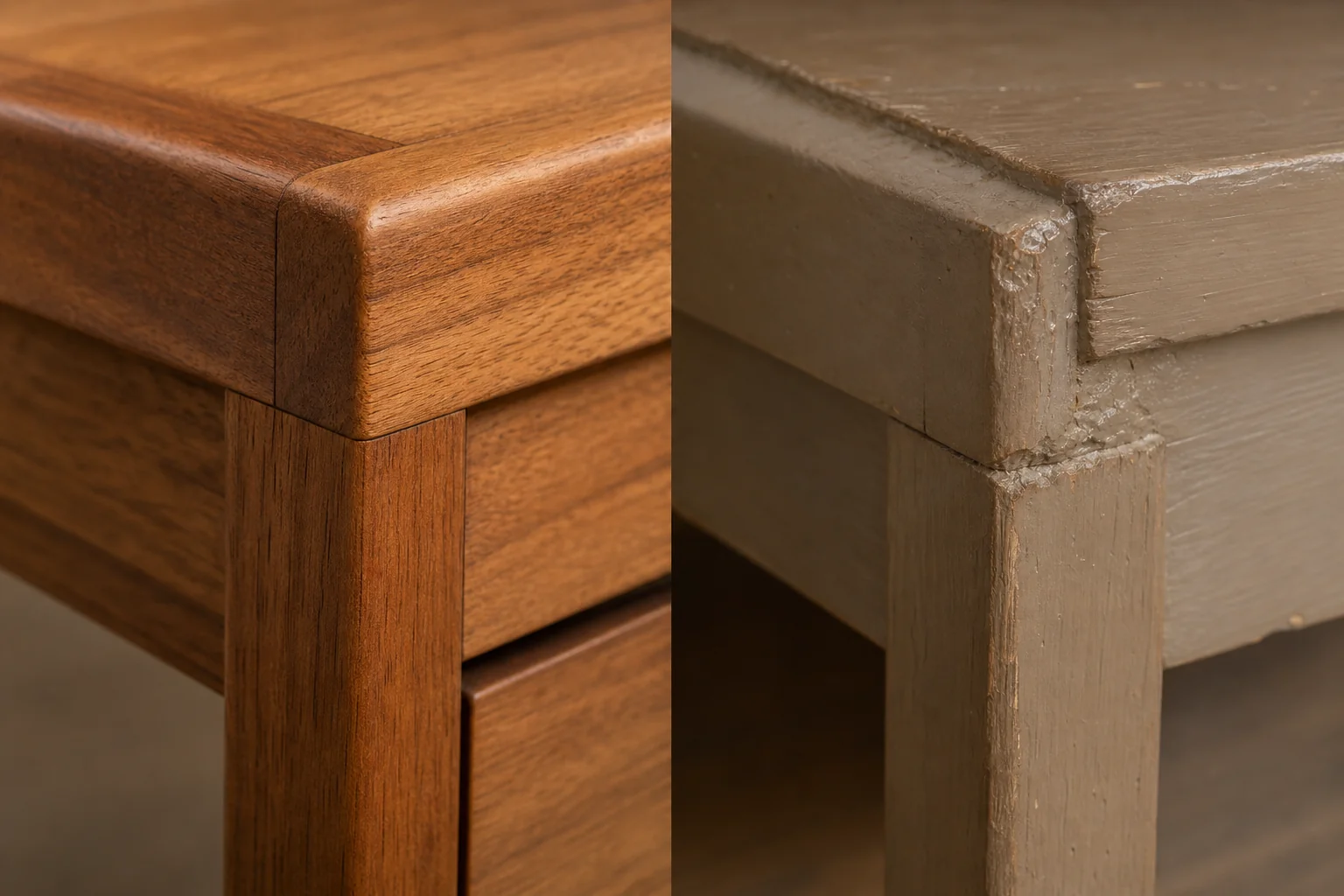 Teak Bedroom Furniture Sets in Bhopal: 2026 Guide 4 Close-up comparison of solid teak wood grain and joinery quality versus a rougher, painted local wood finish. Photorealistic close-up macro photograph comparing two wood furniture corners side by side: on the left, a finely sanded solid