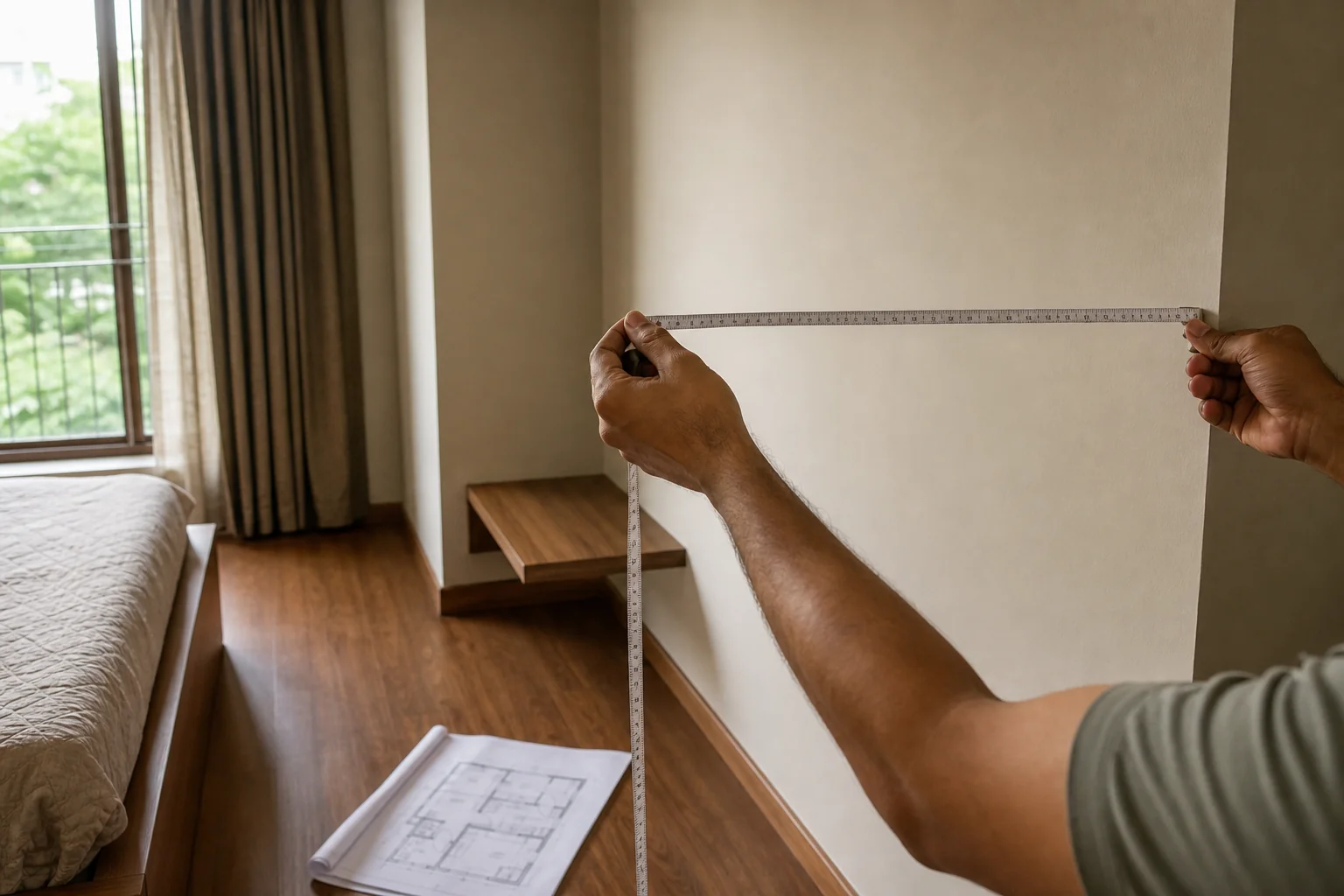 Teak Bedroom Furniture Sets in Bhopal: 2026 Guide 2 A person measuring bedroom space with a tape measure near a wardrobe and bed to plan furniture placement. Photorealistic photograph of a person's hands using a fabric tape measure to measure the width of a bedroom wall next to an empty