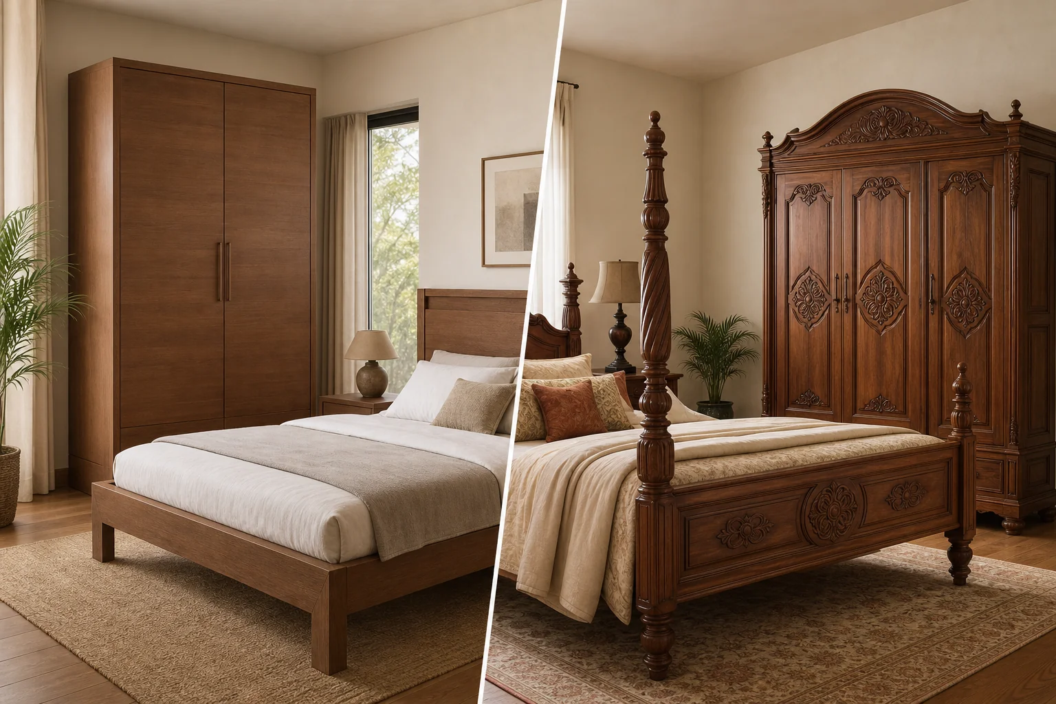 Teak Bedroom Furniture Sets in Bhopal: 2026 Guide 3 Side-by-side style comparison showing teak bedroom furniture in modern minimalist versus classic colonial design. Photorealistic split-composition photograph showing two contrasting teak wood bedroom furniture styles in one wide interior