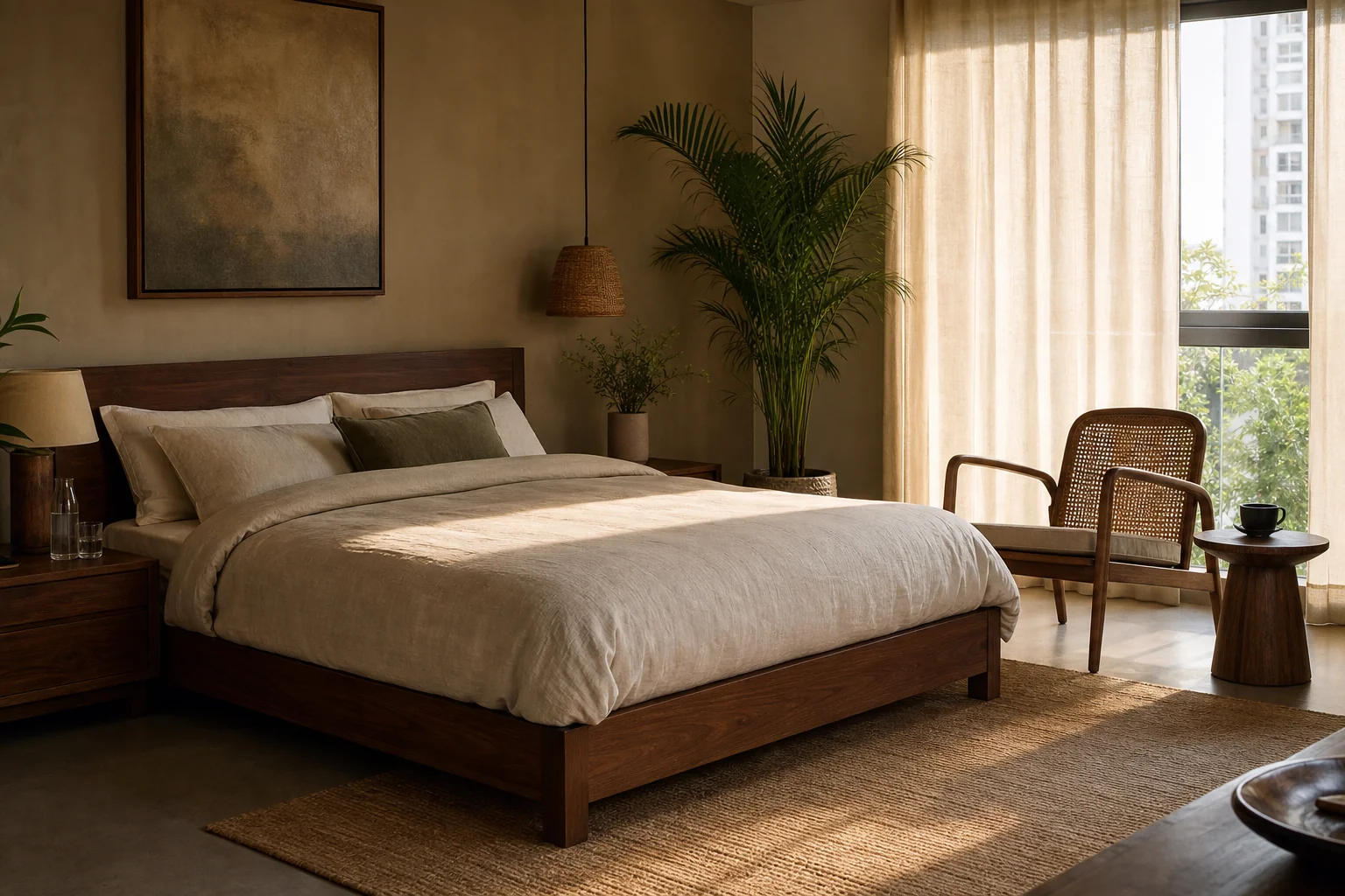 Teak Wood vs Rattan Furniture: What Suits Mumbai Homes? 3 A cozy Mumbai bedroom with a solid teak bed and a rattan accent chair in the corner, showing both materials working together. Photorealistic interior photograph of a warm, minimalist Mumbai bedroom: a solid teak wood bed frame with a low