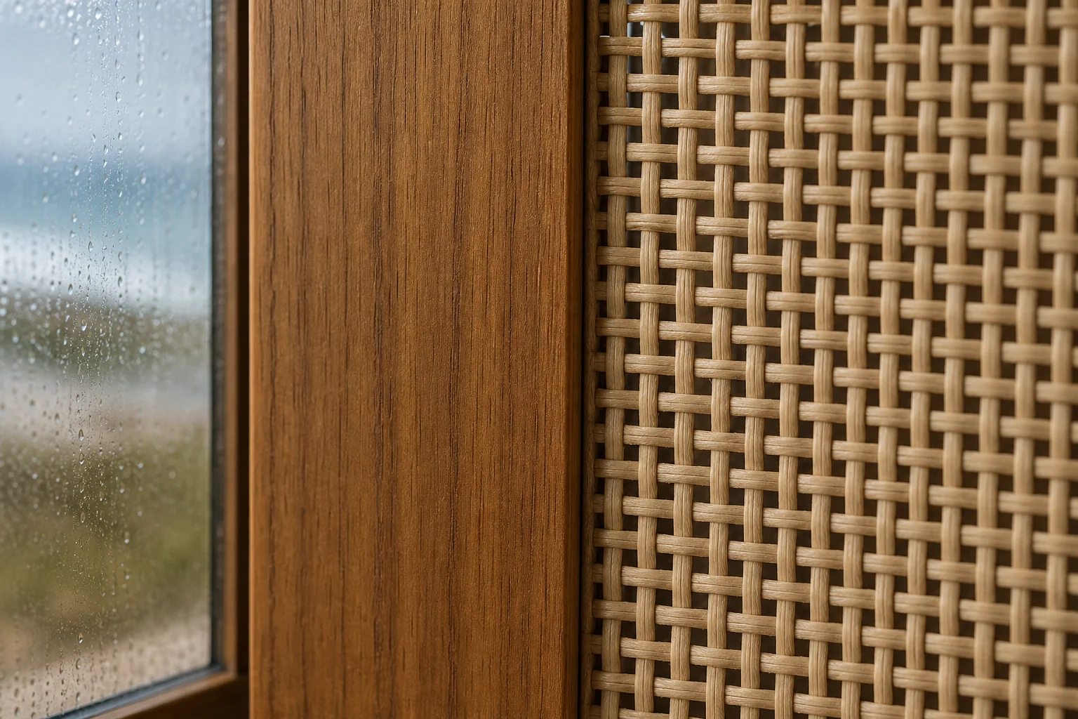 Teak Wood vs Rattan Furniture: What Suits Mumbai Homes? 2 Close-up comparison of teak wood grain texture next to woven rattan texture, showing material resilience. Photorealistic macro photograph, side-by-side close-up textures: left half shows the fine straight grain of oiled solid teak wood with