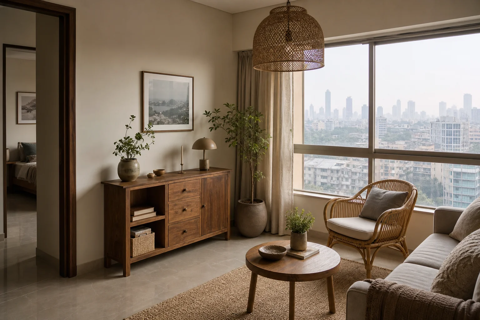 Teak Wood vs Rattan Furniture: What Suits Mumbai Homes? 4 A compact, well-organized small living room in a Mumbai apartment mixing rattan and teak furniture to maximize space and light. Photorealistic wide-angle interior photograph of a small, light-filled Mumbai apartment living room: a compact