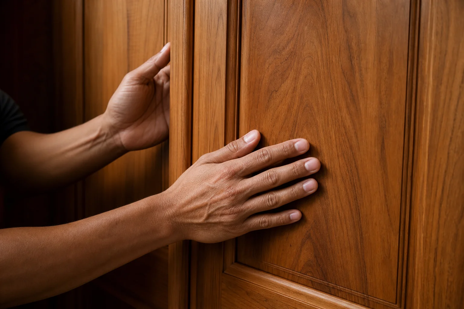 Close-up of hands inspecting the grain and finish of a solid teak wood cabinet panel. photorealistic close-up photo of a person's hands running fingers along the wood grain of a solid teak wood cabinet door, warm brown tones, visible