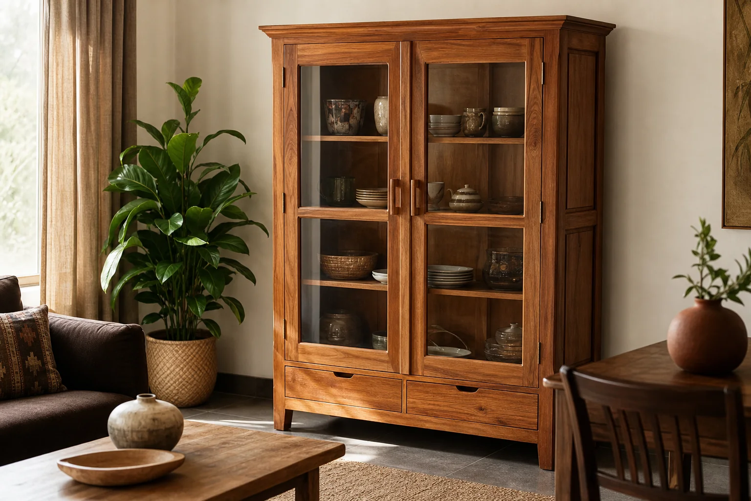 A teak wood display cabinet with a protective oiled finish in a sunlit Bhopal living room. photorealistic photo of a solid teak wood display cabinet with glass-front doors standing in a sunlit living room, warm honey-brown polished finish