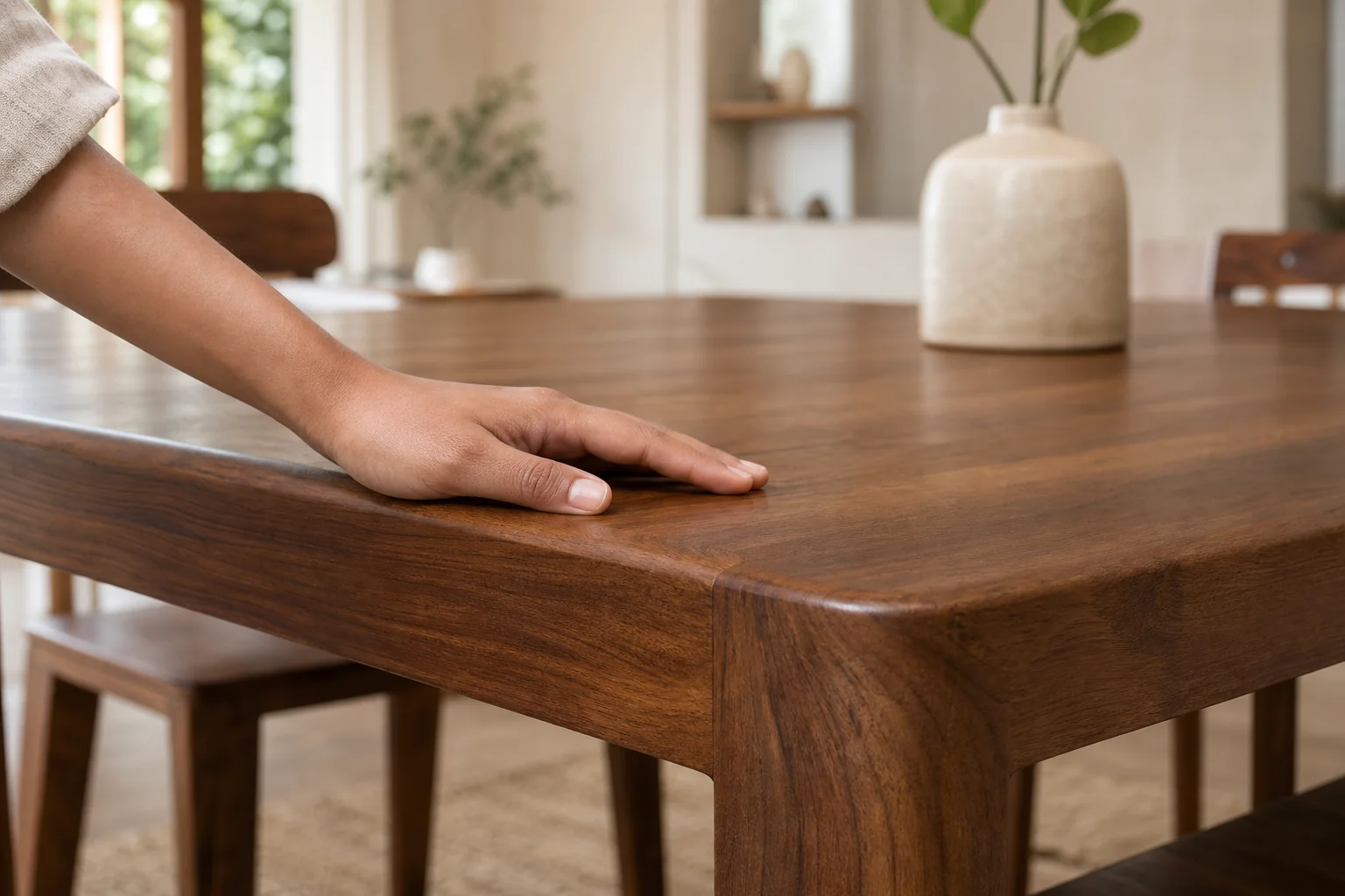 Close-up of solid teak wood grain and finish on a dining table corner, showing craftsmanship. Photorealistic close-up photograph of a solid teak wood dining table corner, showing rich brown wood grain texture in tones of #765139 and