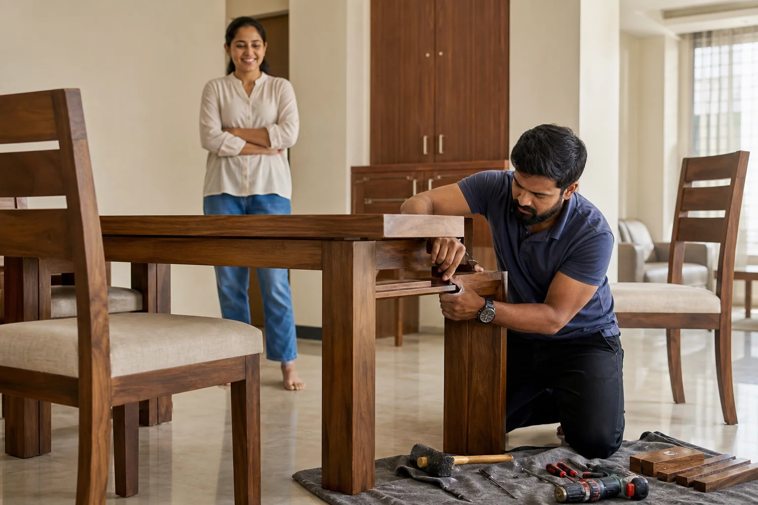 Delivery team assembling a solid wood dining set inside a bright Pune home dining area. Photorealistic photograph of a furniture assembly technician assembling a solid teak wood dining table and chairs inside a bright, modern Pune apartment