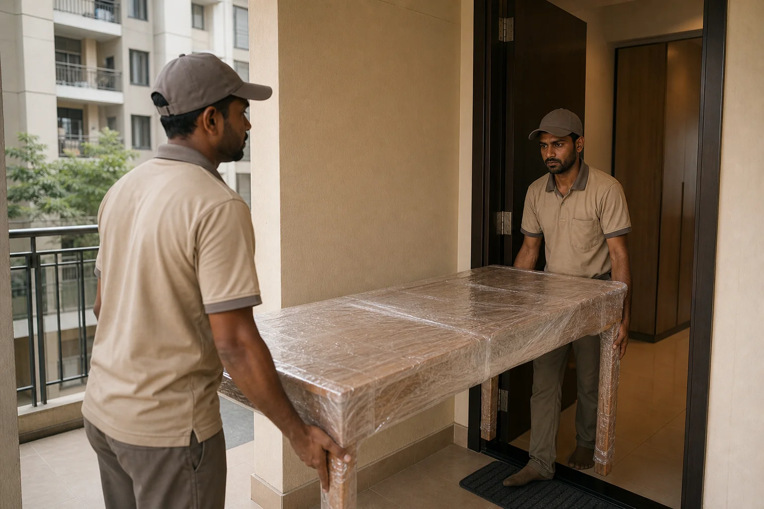Furniture delivery team carefully carrying a wrapped wooden dining table into a Pune apartment. Photorealistic photograph of two delivery workers in uniform carefully carrying a large moisture-proof wrapped wooden dining table through an