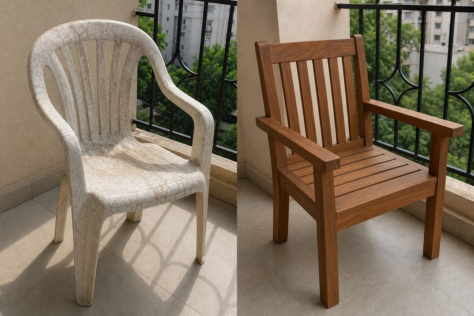 Side-by-side outdoor balcony scene comparing a worn plastic chair with a sturdy teak chair. photorealistic split-scene photo on an Indian balcony, left side shows a faded, cracked white plastic outdoor chair in sunlight, right side shows a